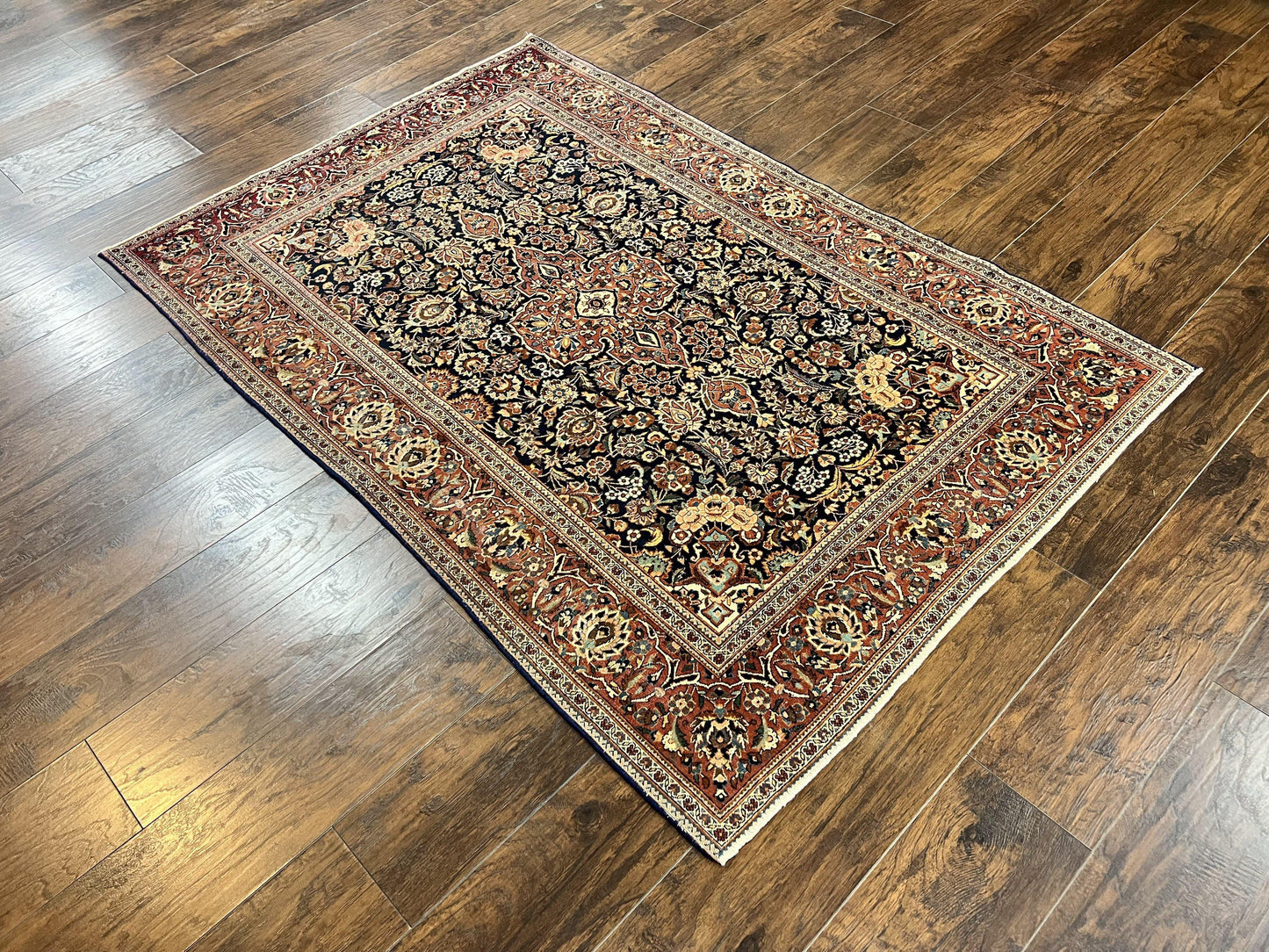 Persian Kashan Rug 4x7, Floral Medallion Vintage Handmade Hand Knotted Navy Blue & Red Wool Oriental Carpet, Highly Detailed Semi Antique Rug - Nuvé