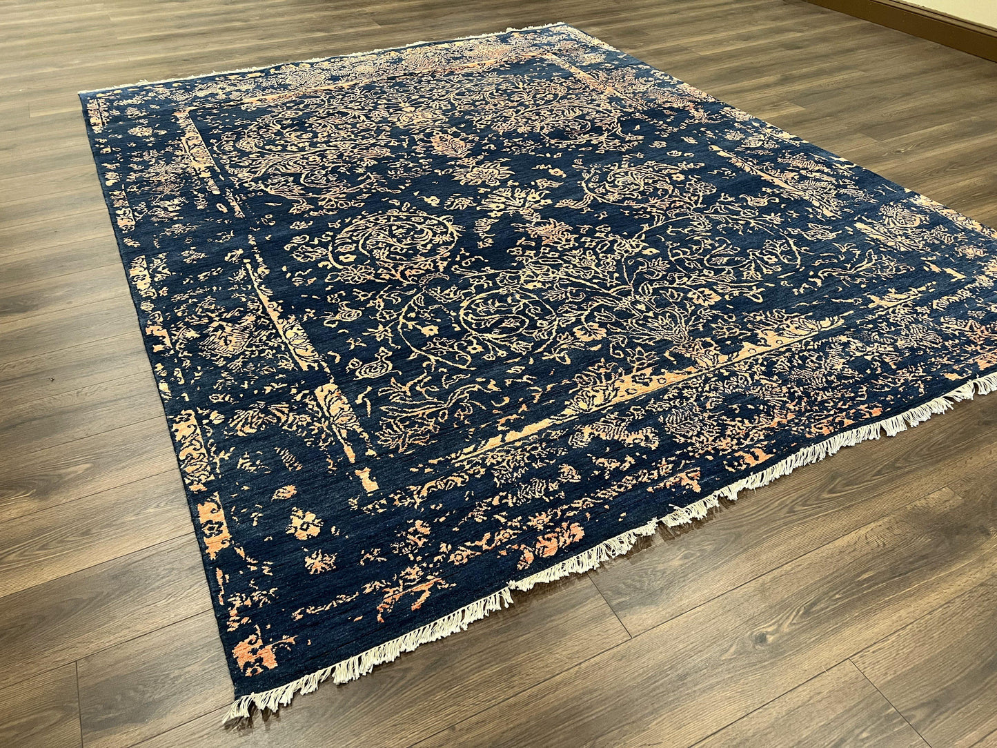 Area Rug 8x10 High Quality Handmade Oriental Carpet, Modern Contemporary Rug, Rug for Living Room, Wool Rug, Blue and Gold, Pakistani Rug - Nuvé
