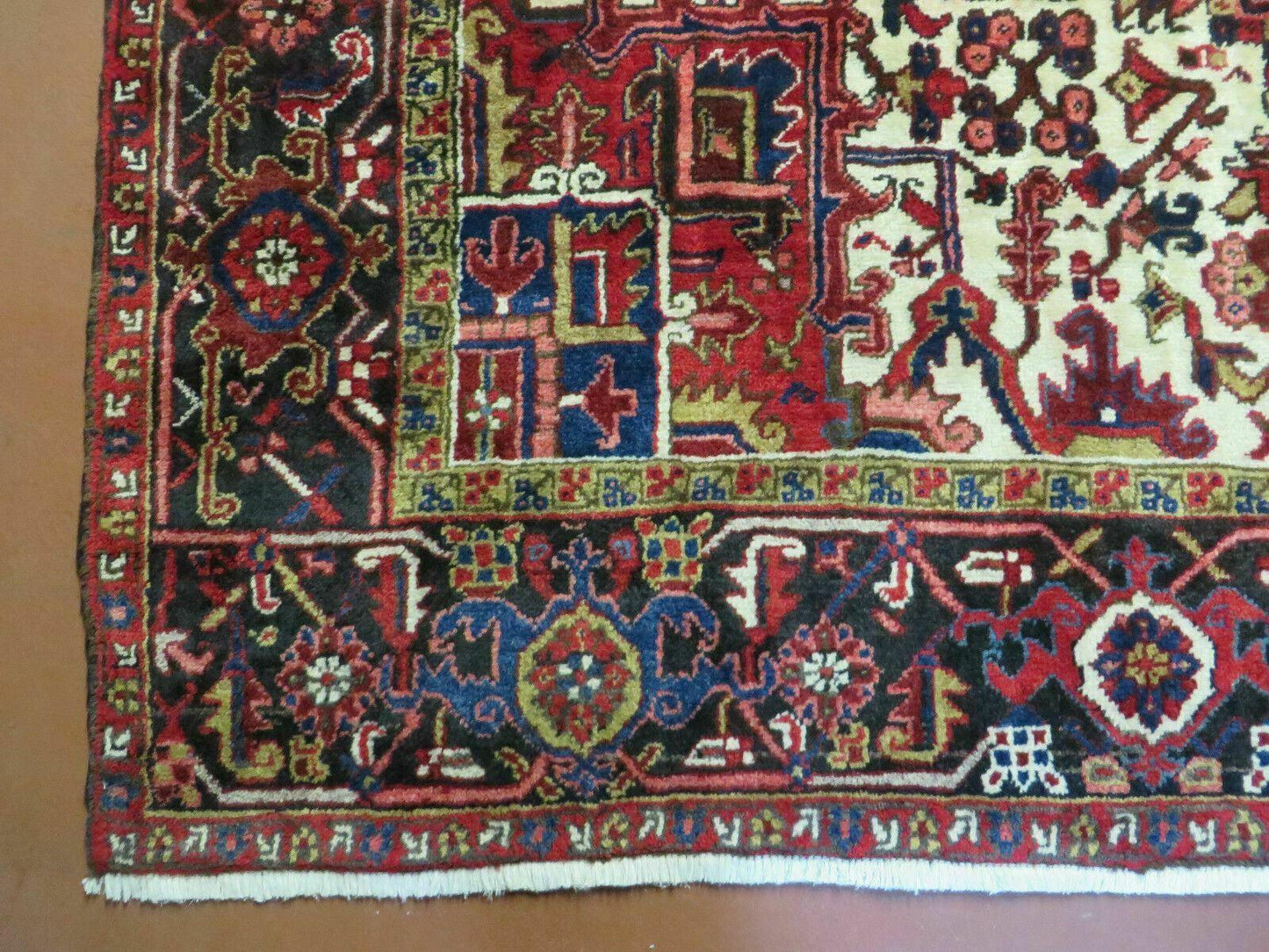 Wonderful Persian Heriz Rug 8.6 x 11, Geometric Heriz Carpet, Semi Antique Decorative Area Rug, Red Ivory Dark Blue Handmade Wool Room Sized - Nuvé