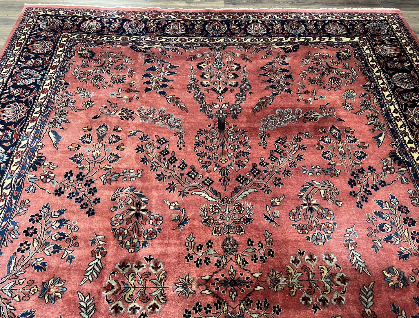 Indo Sarouk Rug 10x14, Vintage Indian Persian Area Rug 10 x 14, Wool Hand-Knotted Oriental Carpet, Red Floral Allover Large Rug, Beautiful - Nuvé