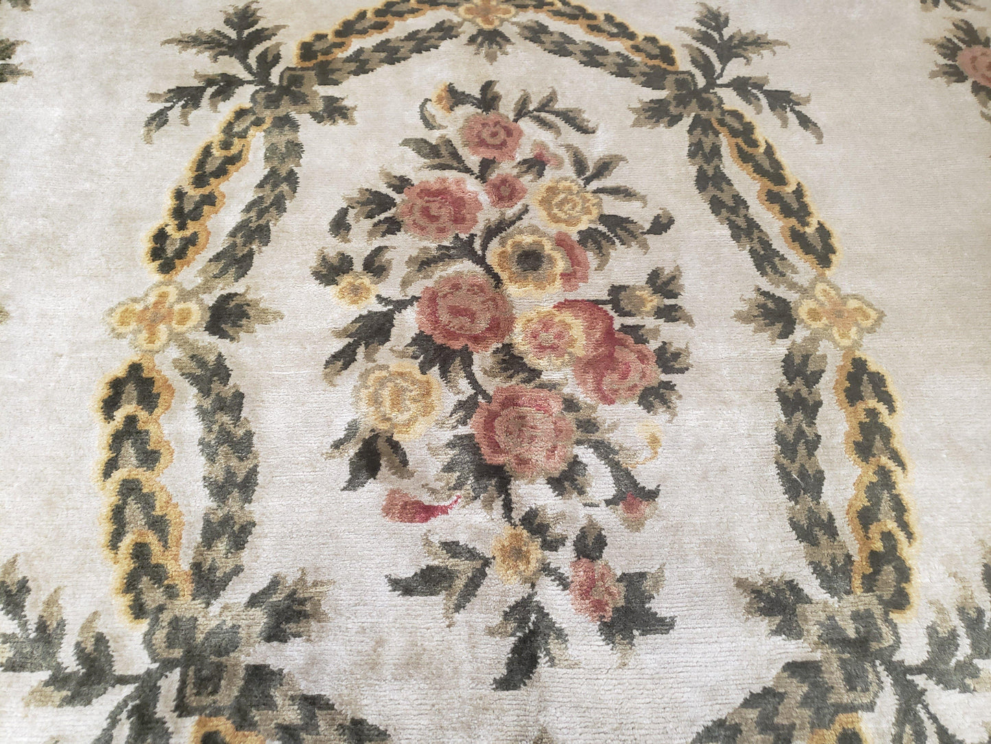 Aubusson Rug 10x14, Elegant French European Design, Vintage Handmade Carpet with Pile, Beige Floral Dining Room Rug, Living Room, Soft Wool - Nuvé