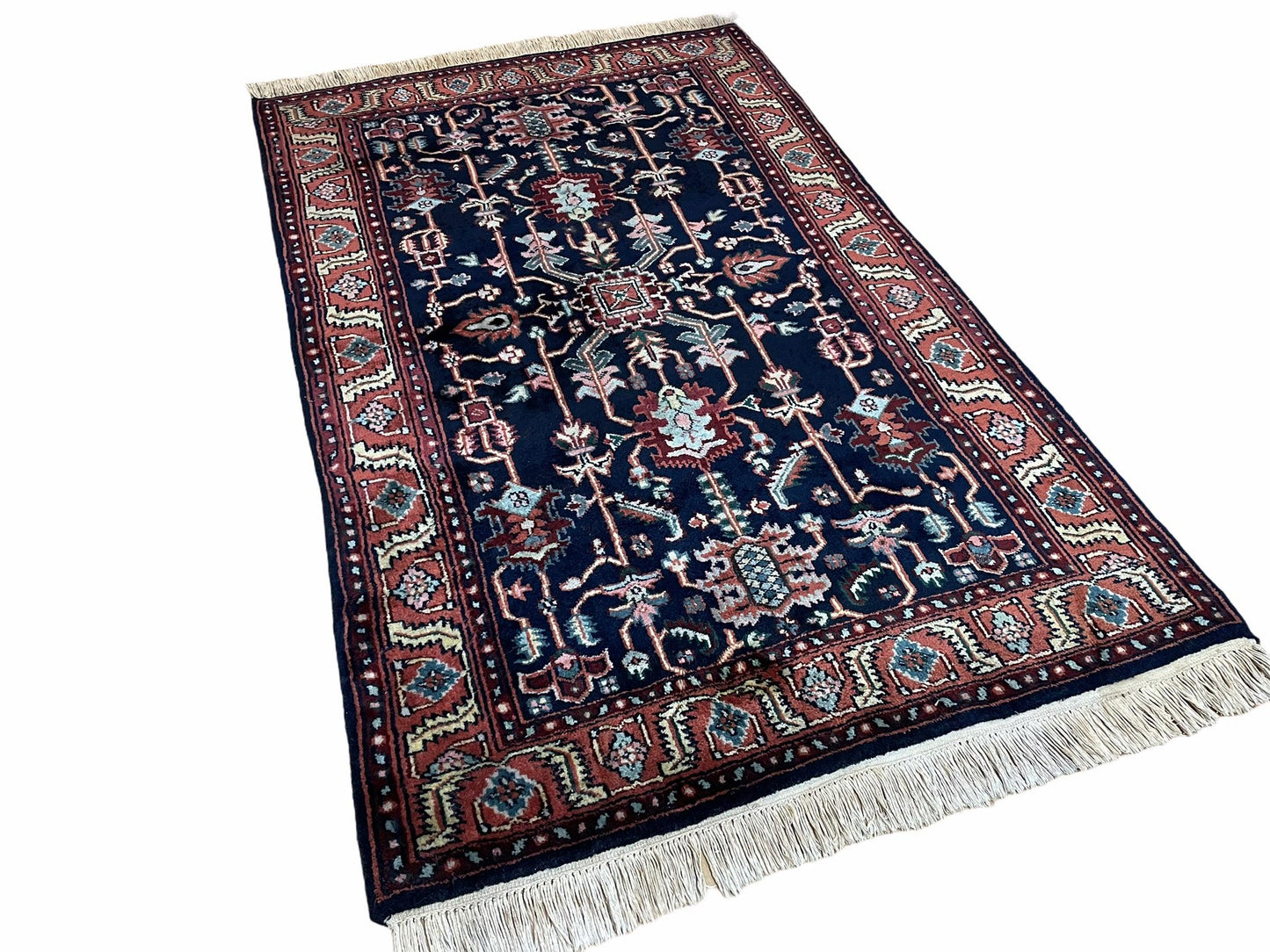 4x6 Vintage Handmade Wool Geometric Rug Organic Dyes Blue Red Hand-Knotted Rug - Nuvé
