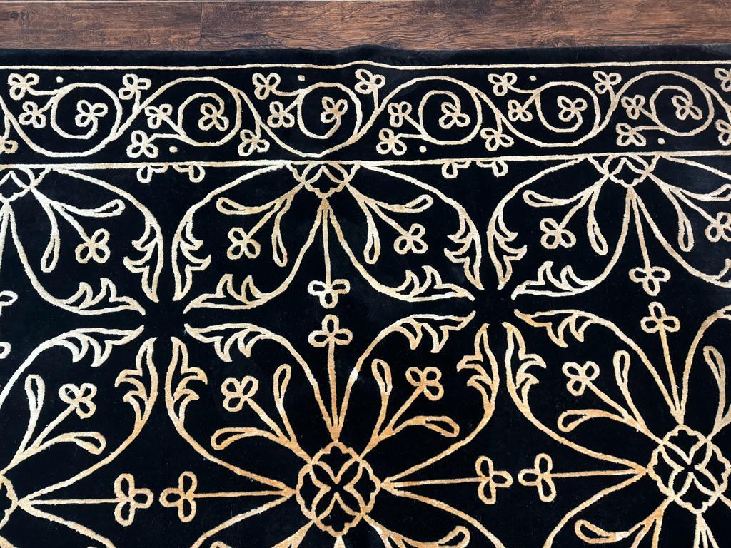 Tibetan Rug 8x10, Wool and Silk, Raised Pattern, Black and Gold, Floral - Nuvé