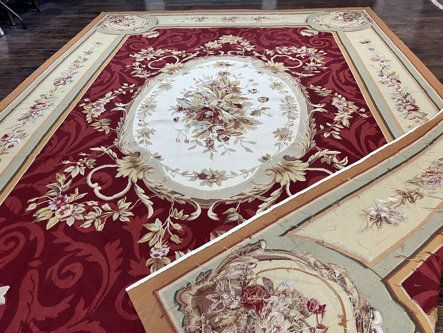 Large Aubusson Rug 10x14, Wool Handmade Vintage Carpet, Dark Red Ivory Tan, French European Elegant Aubusson Weave Rug - Nuvé