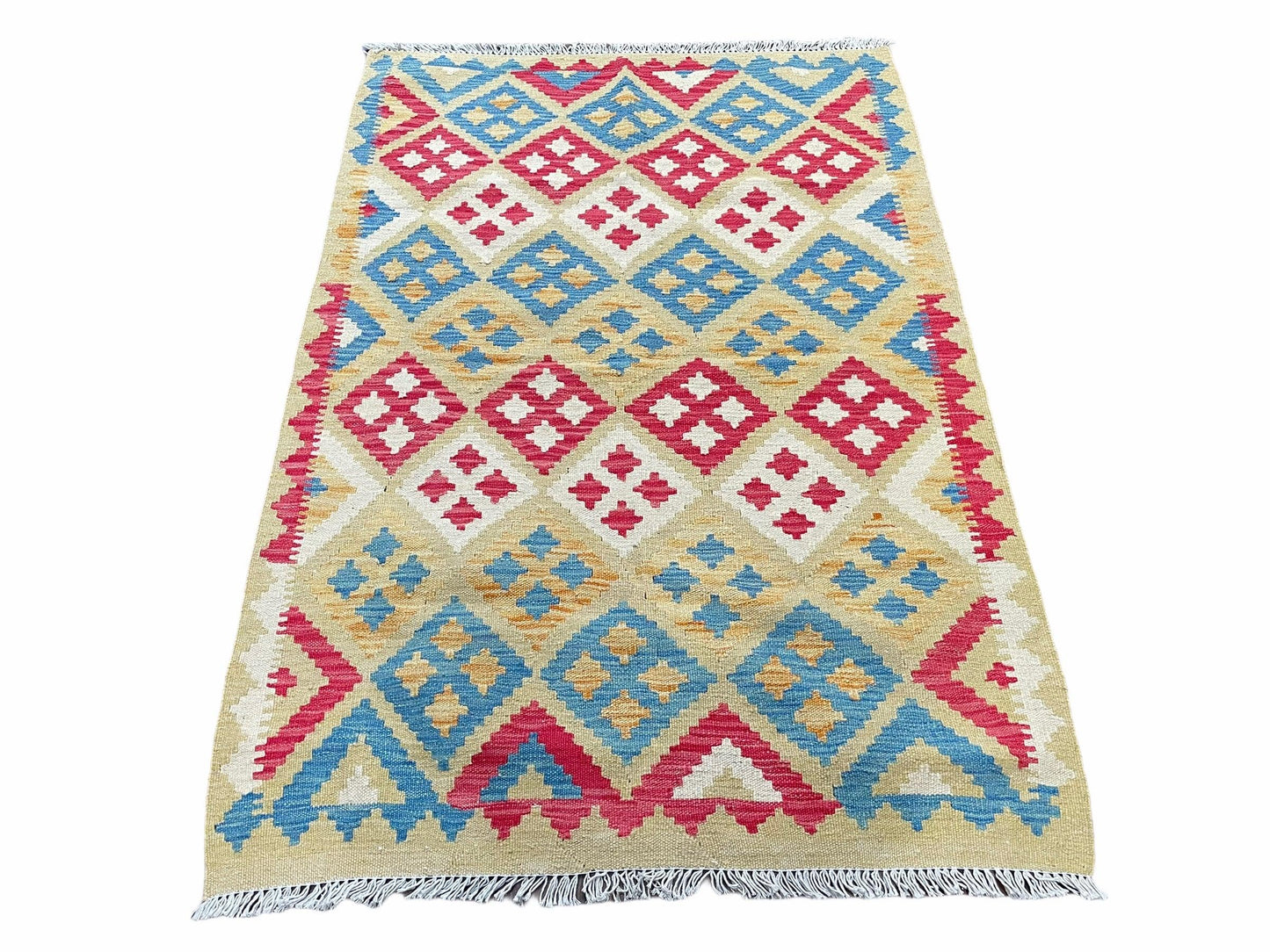 3x5 Kilim Rug Multicolor Tribal Kilim Rug 3 x 5 Tan Light Blue Red Beige New Turkish Anatolian Wool Kilim Flatweave Rug - Nuvé