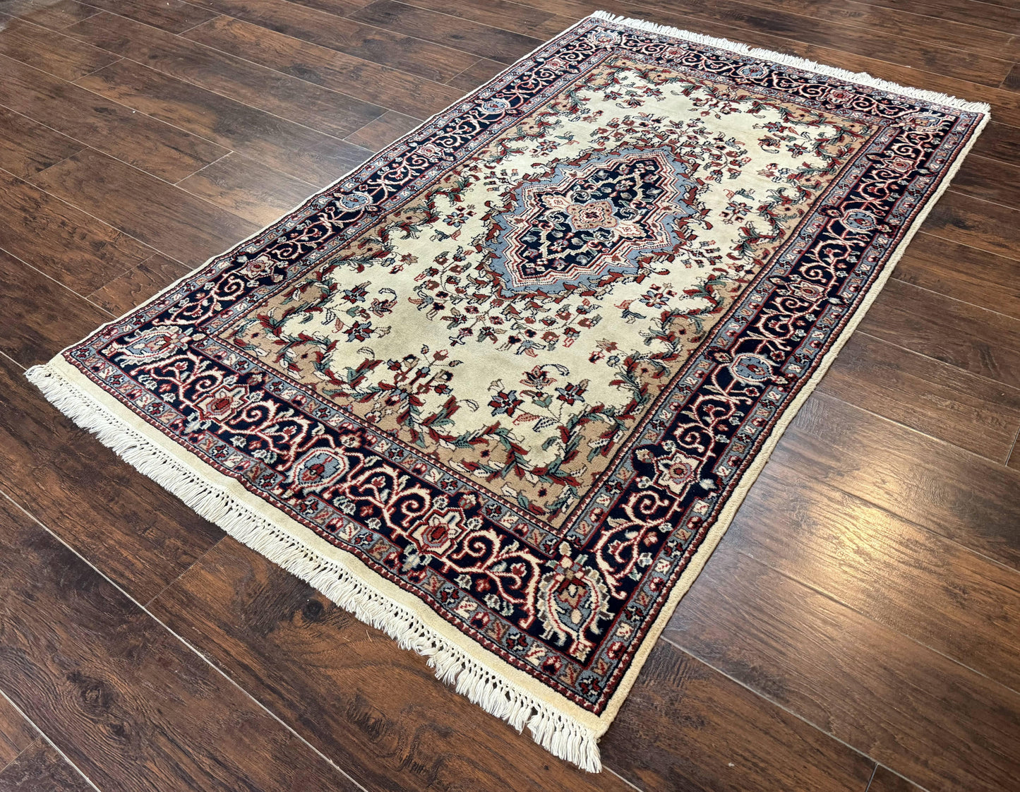 Indian Kashmiri Rug 4x6, Ivory Beige Navy Blue, Traditional Indo Persian Rug - Nuvé