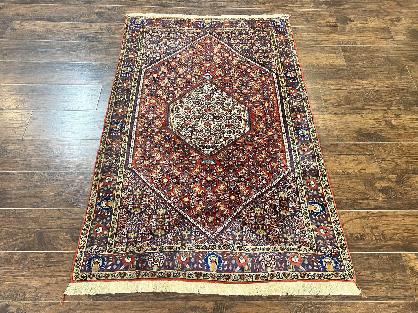 Persian Bidjar Rug 4x6, Handmade Oriental Carpet, Fine Weave, Herati Mahi Pattern, Vintage, Red, 300 KPSI - Nuvé