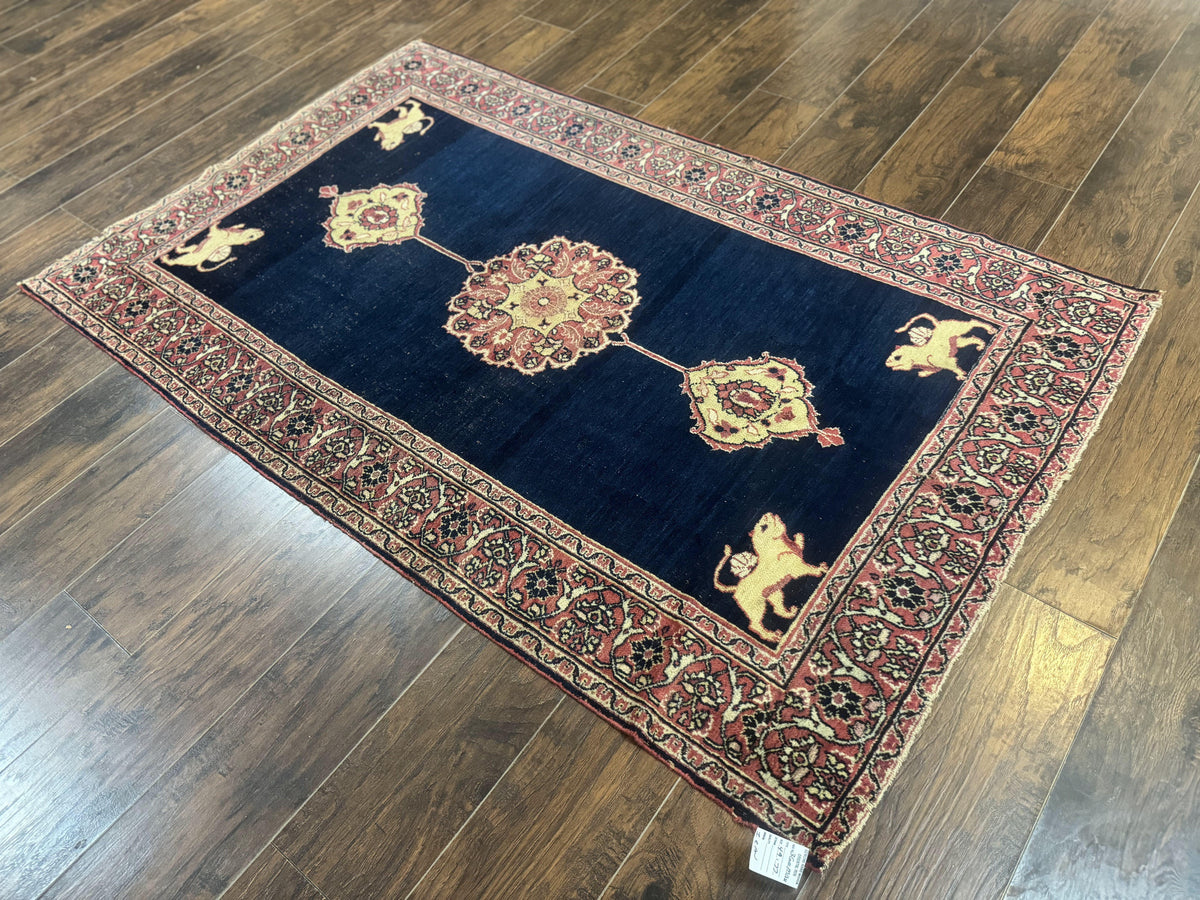 Antique Persian Mashad Rug 4x6, Semi Open Field, Navy Blue, Lion Pictorials, Triple Medallion, Dorokhsh Rug