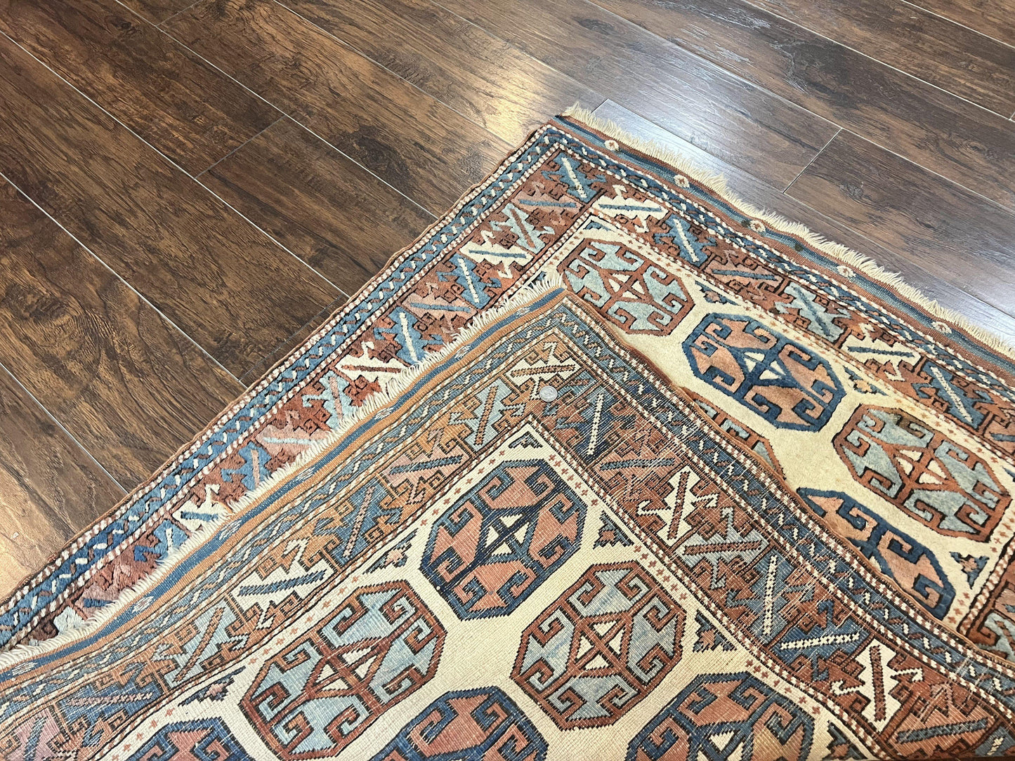 Turkish Kazak Rug 3x4, Wool Hand Knotted Handmade Vintage Carpet, Geometric Tribal Repeated Motif, Small 3 x 4 Antique Rug, Cream Red - Nuvé
