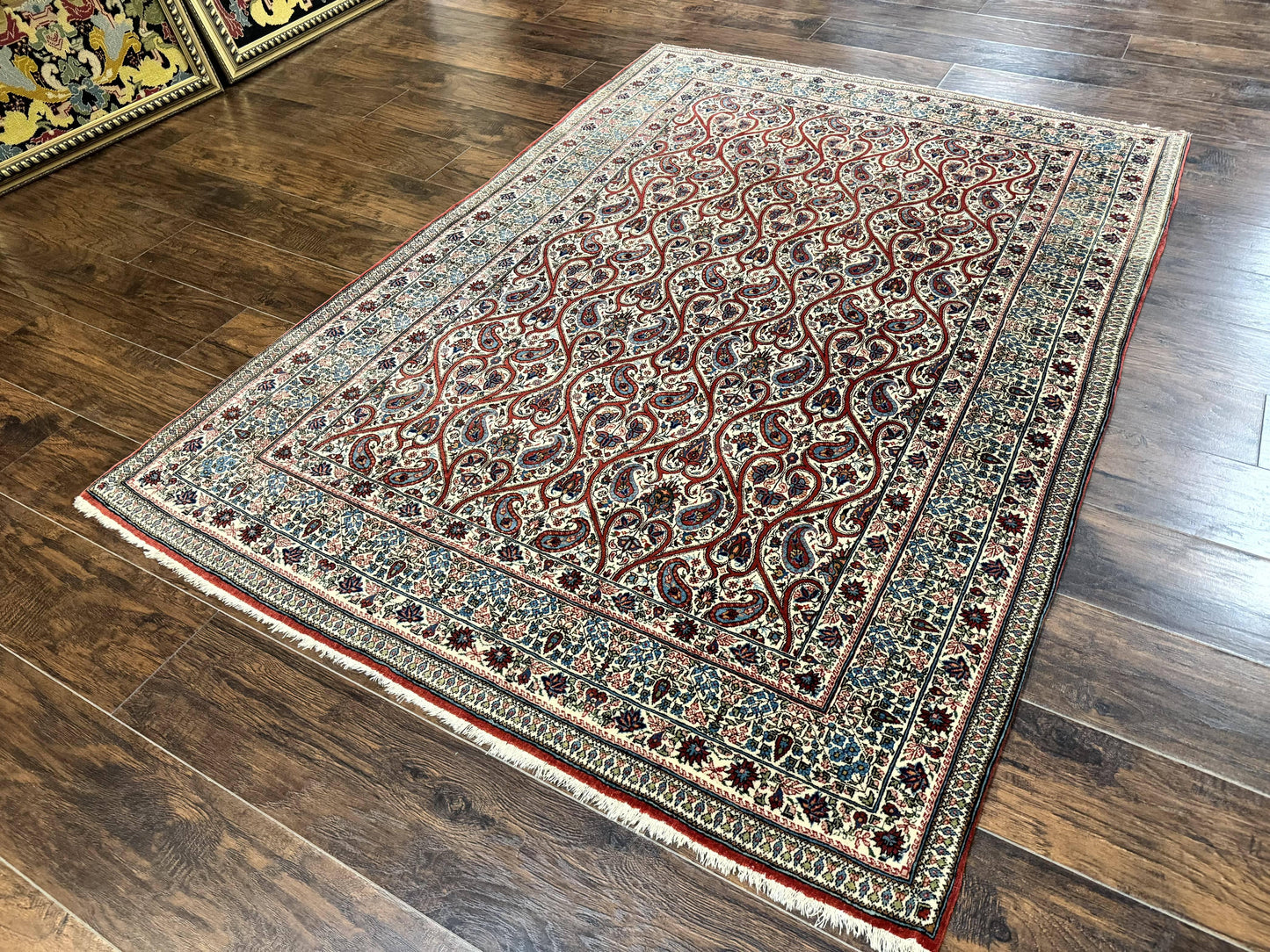 Unique Persian Qum Rug 5x7, Repeated Paisely Boteh Design, Ivory Red Blue, Handmade Antique Wool Persian Carpet, Finely Hand Knotted - Nuvé