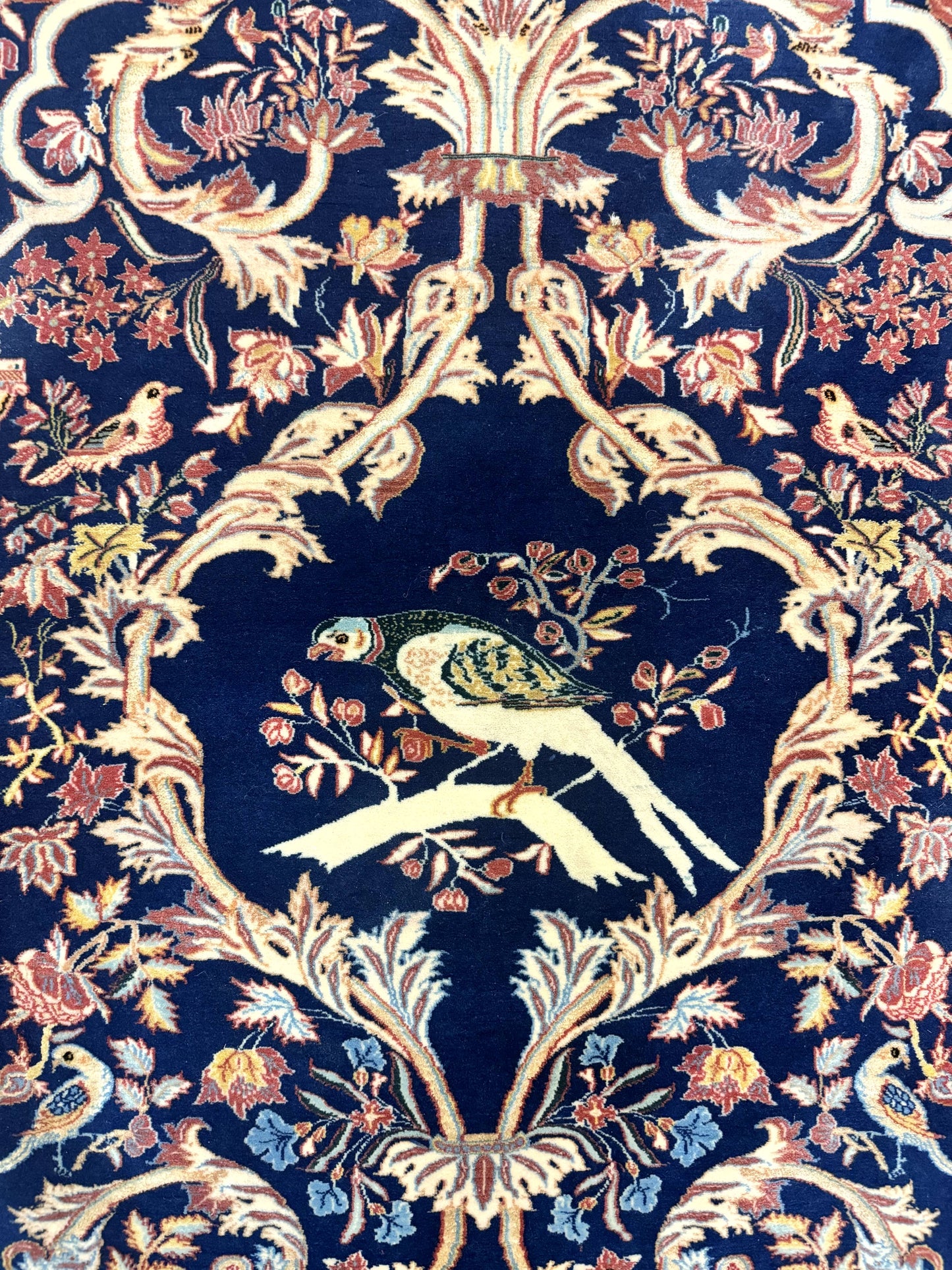 Persian Isfahan Rug 2x4, Birds, Navy Blue, Kork Wool on Silk Foundation, 460 KPSI