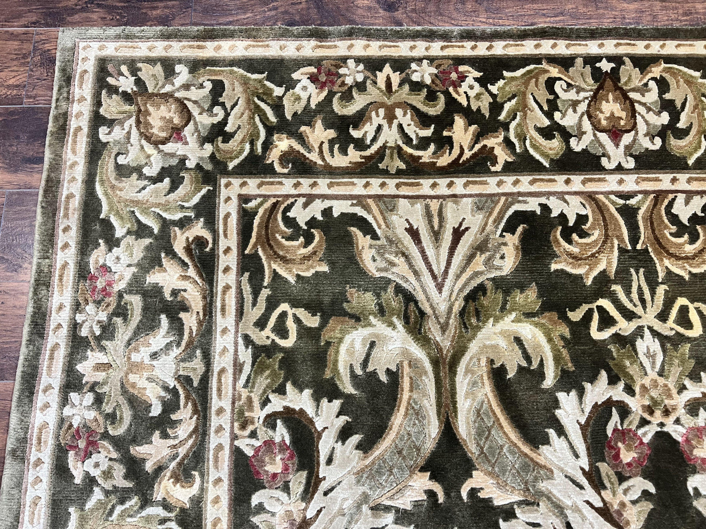 Tibetan Rug 8x10, European Design, Floral, Green, Handmade, Wool, Nepali Rug - Nuvé
