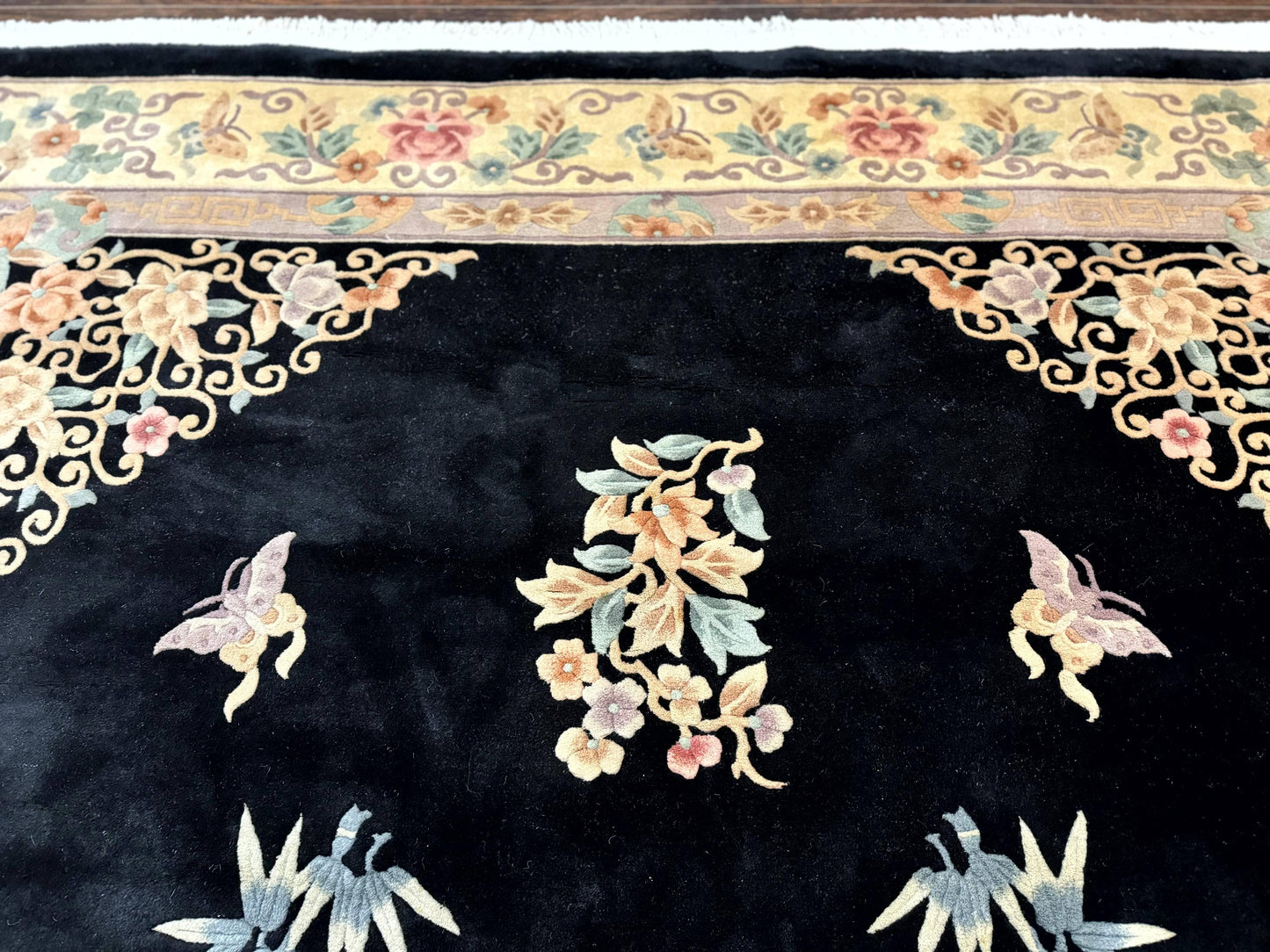 Chinese Wool Rug 9x12, Chinese Carving Carpet, Floral Medallion, Black and Beige, Butterflies, Vintage Asian Oriental Rug, 90 Line Rug - Nuvé