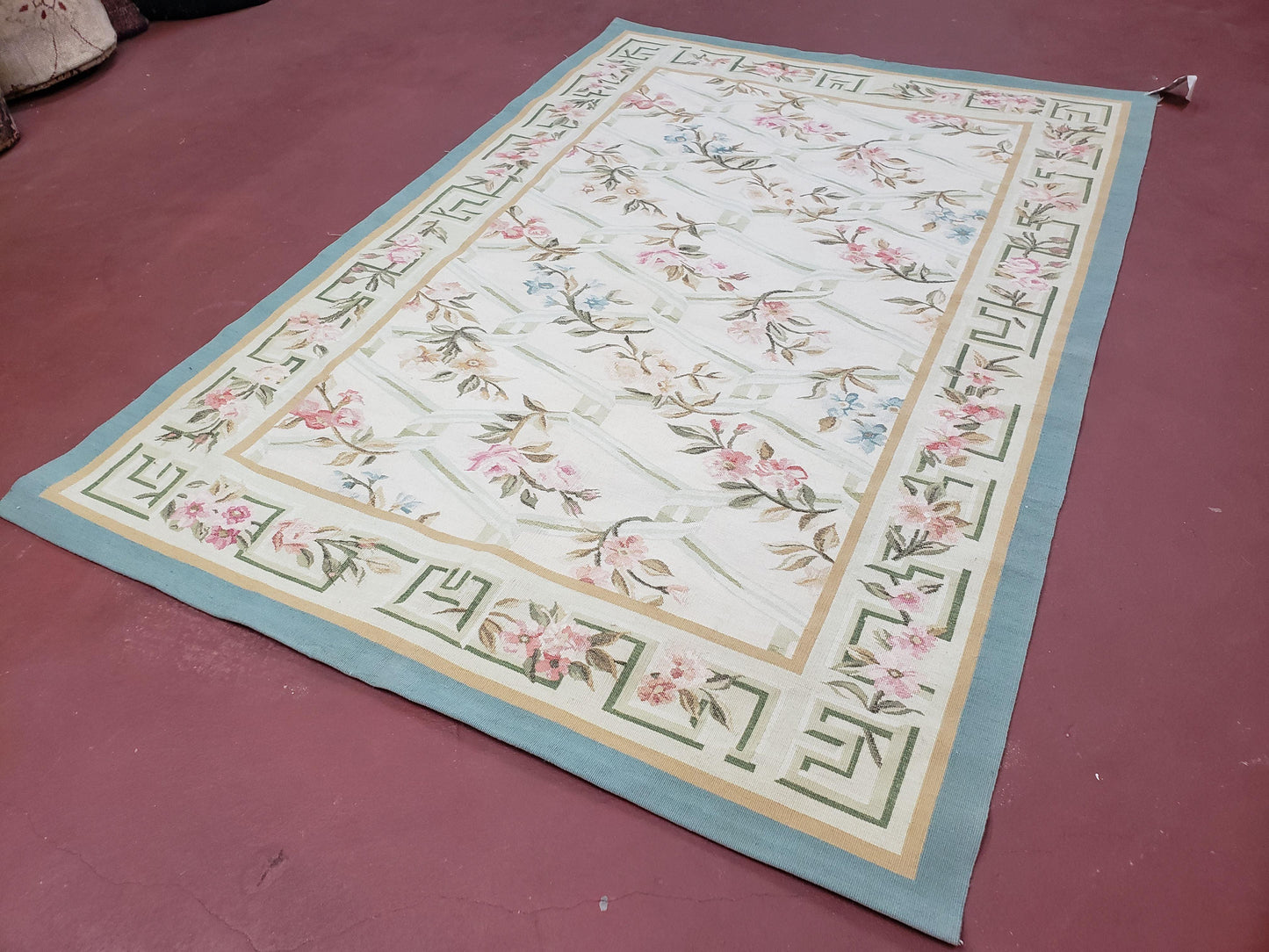 Vintage Aubusson Area Rug, Aubusson Flat weave Carpet, Floral Geometric Pattern, Beige Teal Green, 4x6 Rug, European Design - Nuvé