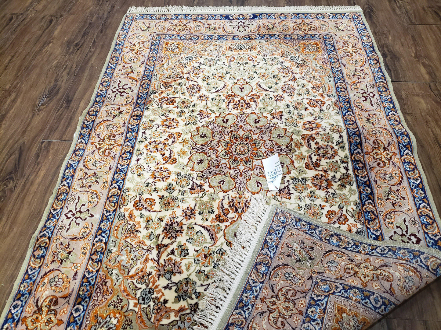 Vintage Persian Isfahan Lachak Toranj Rug, Highly Detailed, Kork Wool on Silk Foundation, Beige and Dark Blue, Hand-Knotted, 3'6" x 5' 4" - Nuvé