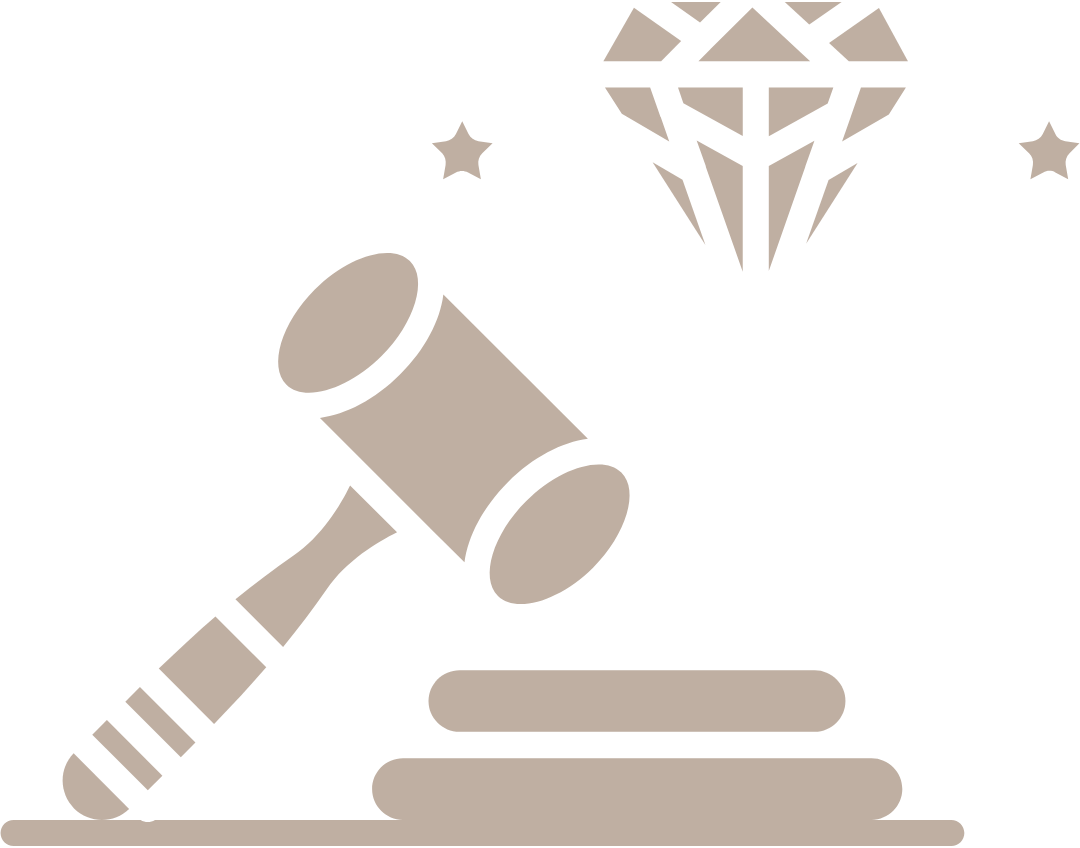 Beige gavel and diamond icon on a white background