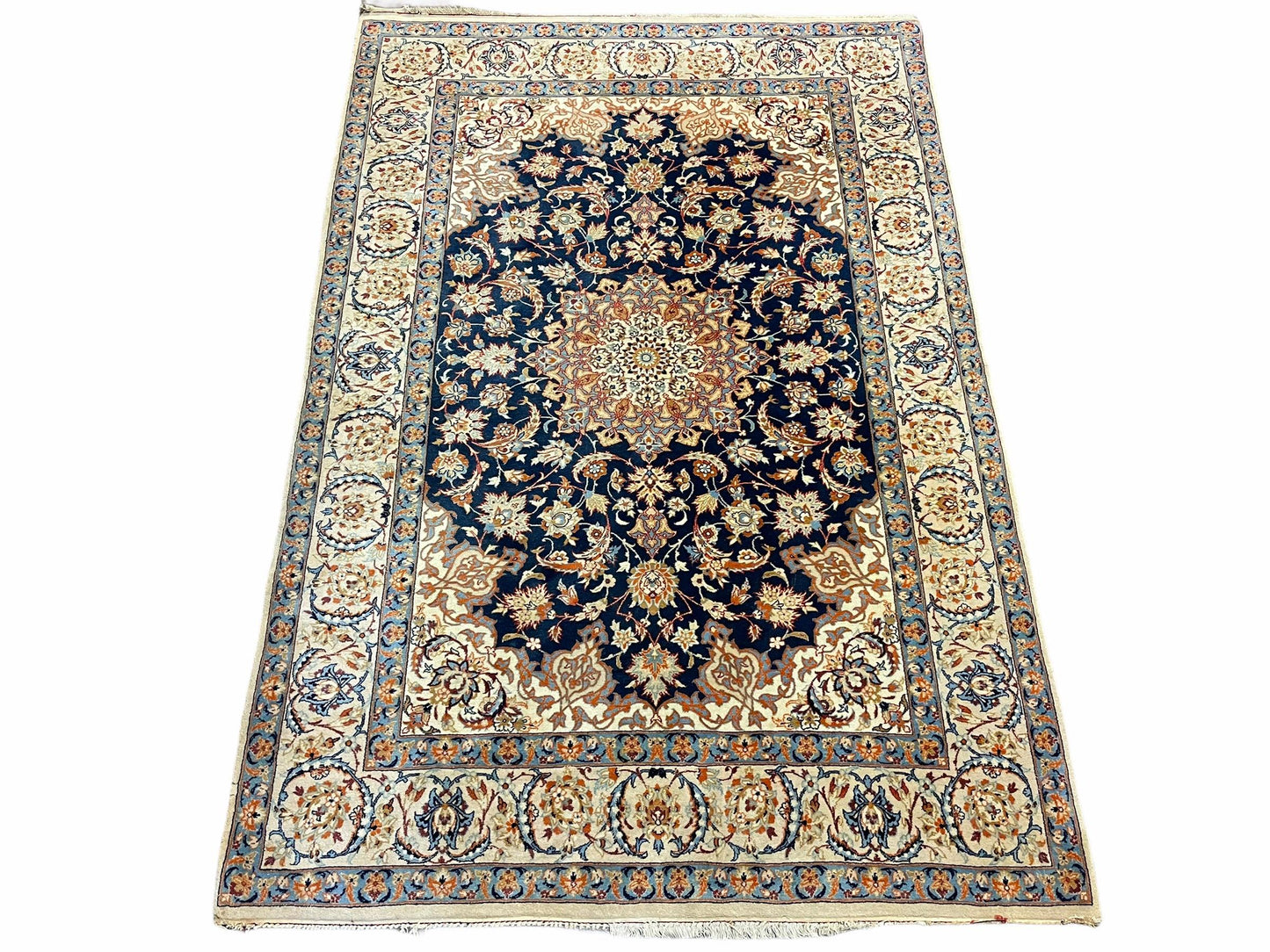 Persian Isfahan Rug 4x5, Navy Blue & Ivory, Wool and Silk Highlights - Nuvé