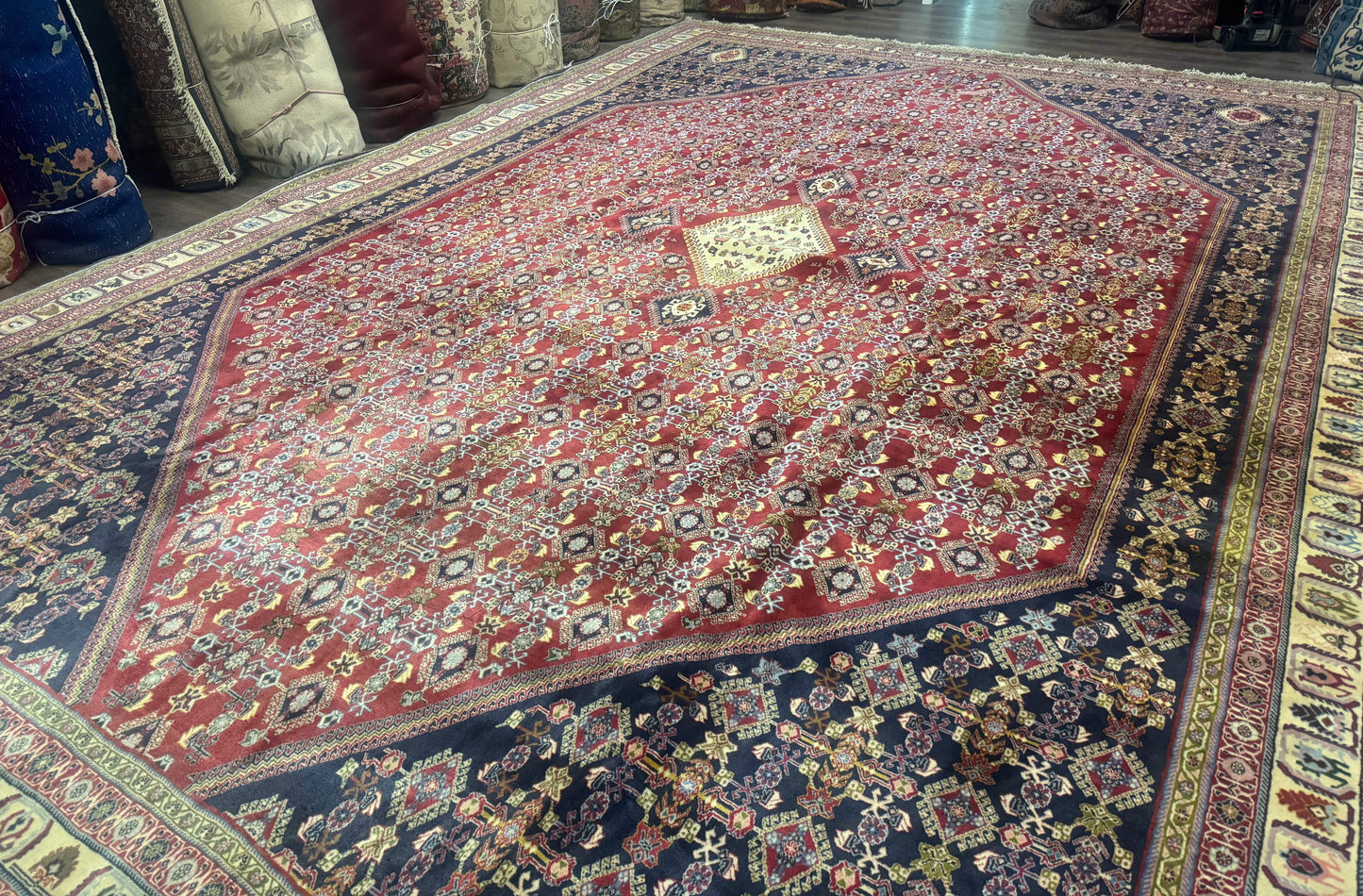 Palace Size Persian Shiraz Rug 13x19, Tribal Rug, Herati Pattern, Brick Red Navy Blue Beige, Oversized Persian Wool Area Rug, Extra Large - Nuvé