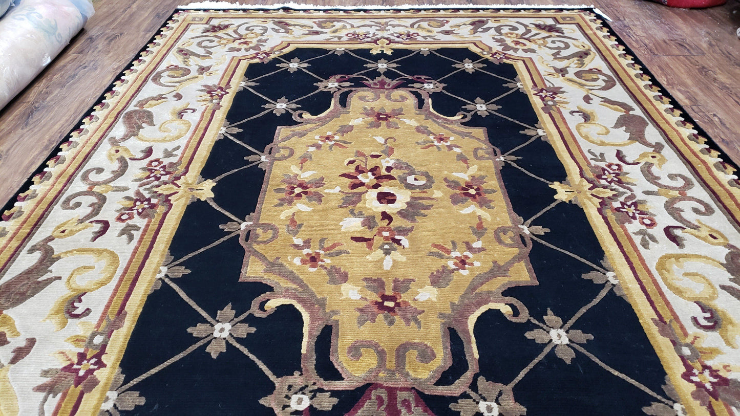 6x9 Nepalese Rug, Aubusson Savonnerie Area Rug 6 x 9 with Soft Pile, Hand-Knotted Wool Black & Beige Tibetan New Carpet European Design - Nuvé