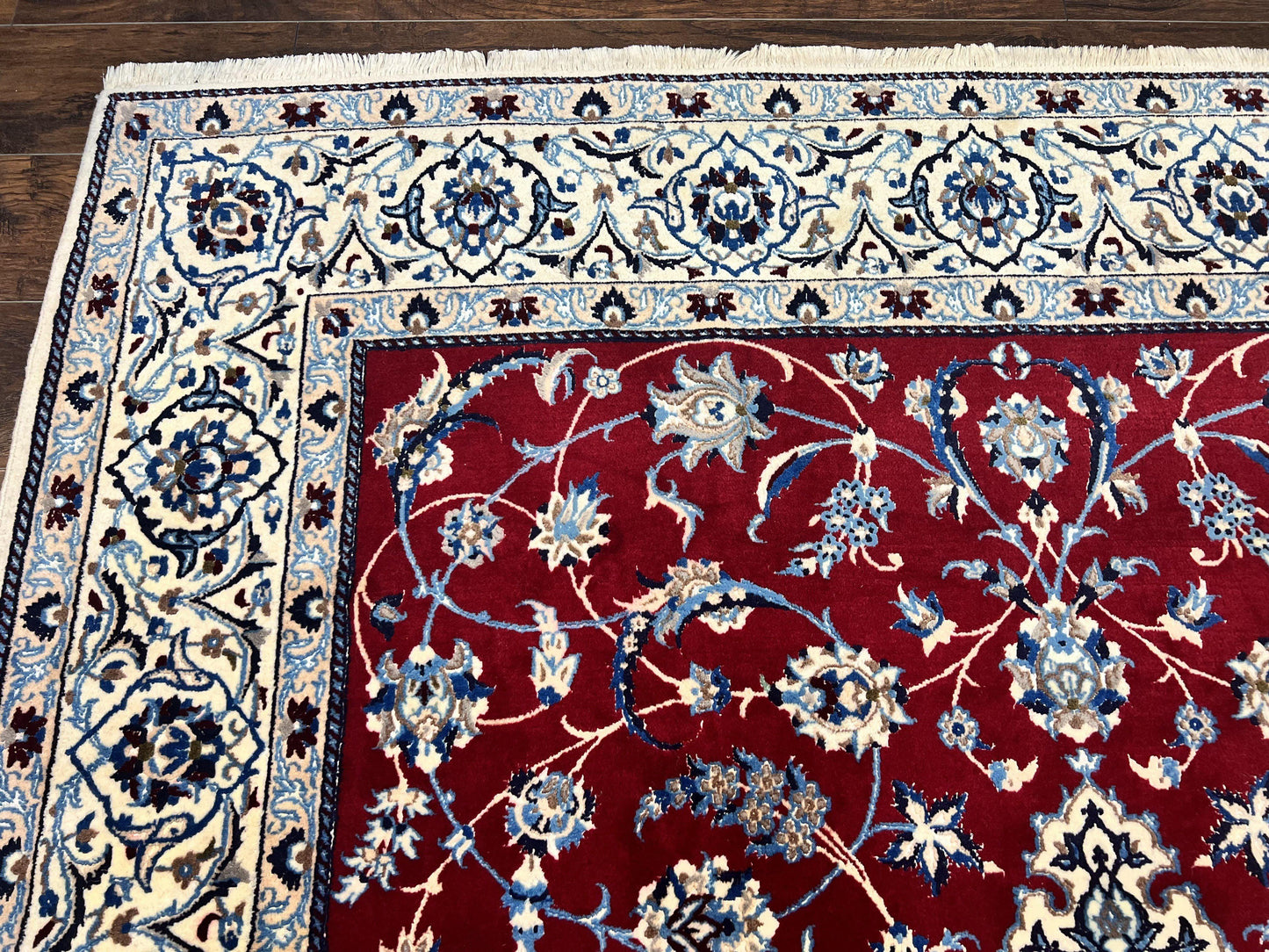 Persian Nain Rug 6x10, Wool and Silk Highlights, Red and Ivory, Floral Medallion, Vintage Handmade Hand Knotted, Fine 225 KPSI, Traditional Rug - Nuvé