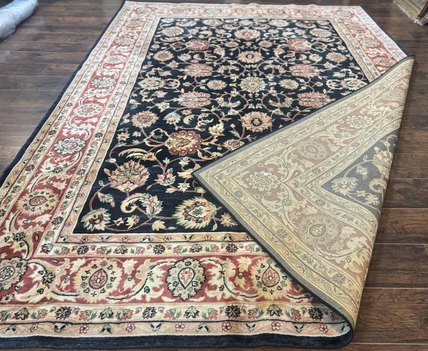 Vintage Oriental Rug 8x11, Floral Persian Design Carpet, Turkish Power Loomed Rug, Navy Blue Red Cream - Nuvé