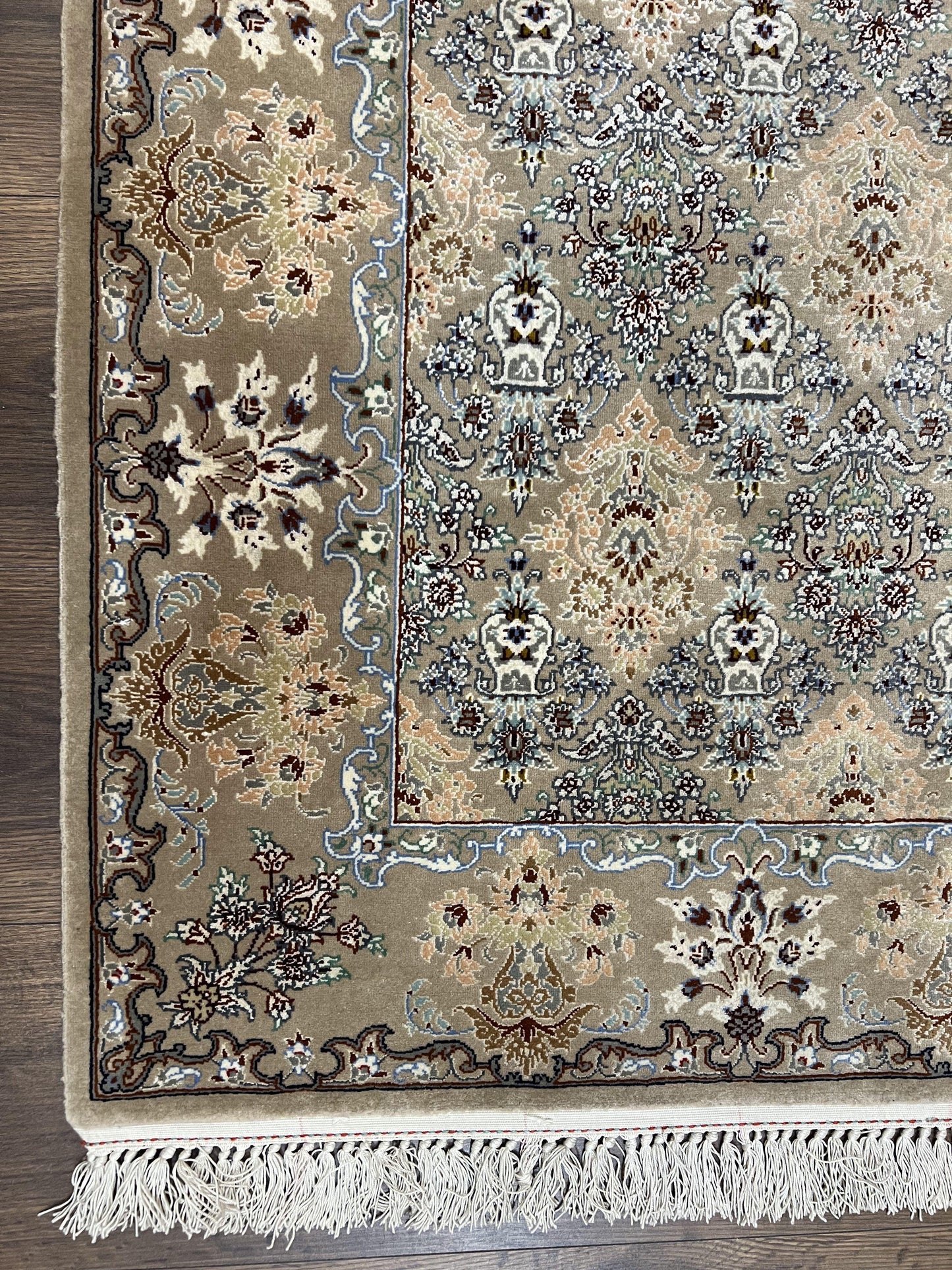 Super Fine Persian Isfahan Rug 3x5 ft, Kork Wool on Silk Foundation, Repeated Floral Motif, Taupe Tan Hand Knotted Oriental Carpet 3 x 5 ft, Signed - Nuvé