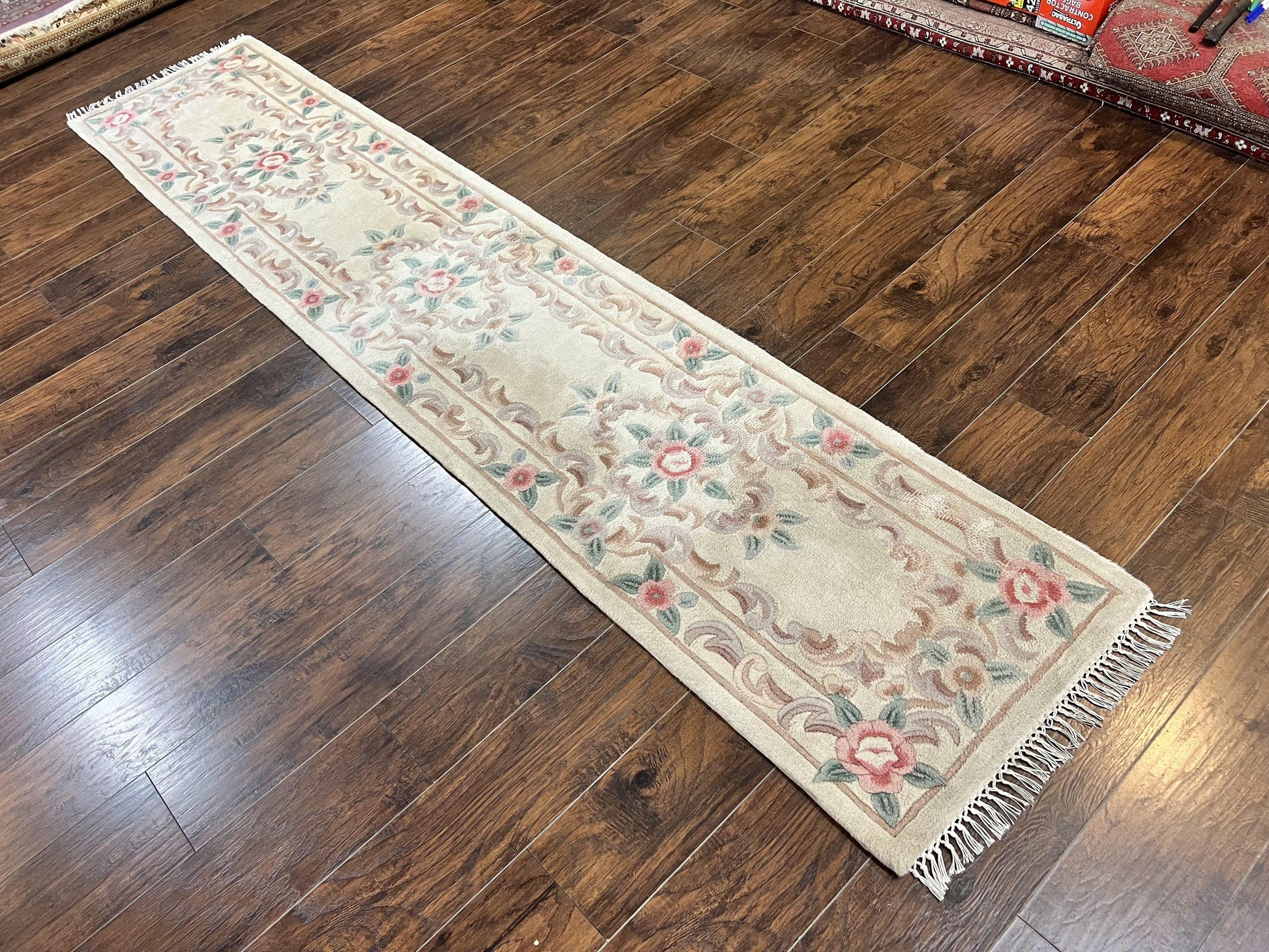 Chinese Aubusson Runner Rug 2.4 x 11, Hand Tufted Beige Floral European Design Hallway Rug, Elegant Rug, Vintage Wool Rug 11ft Long - Nuvé