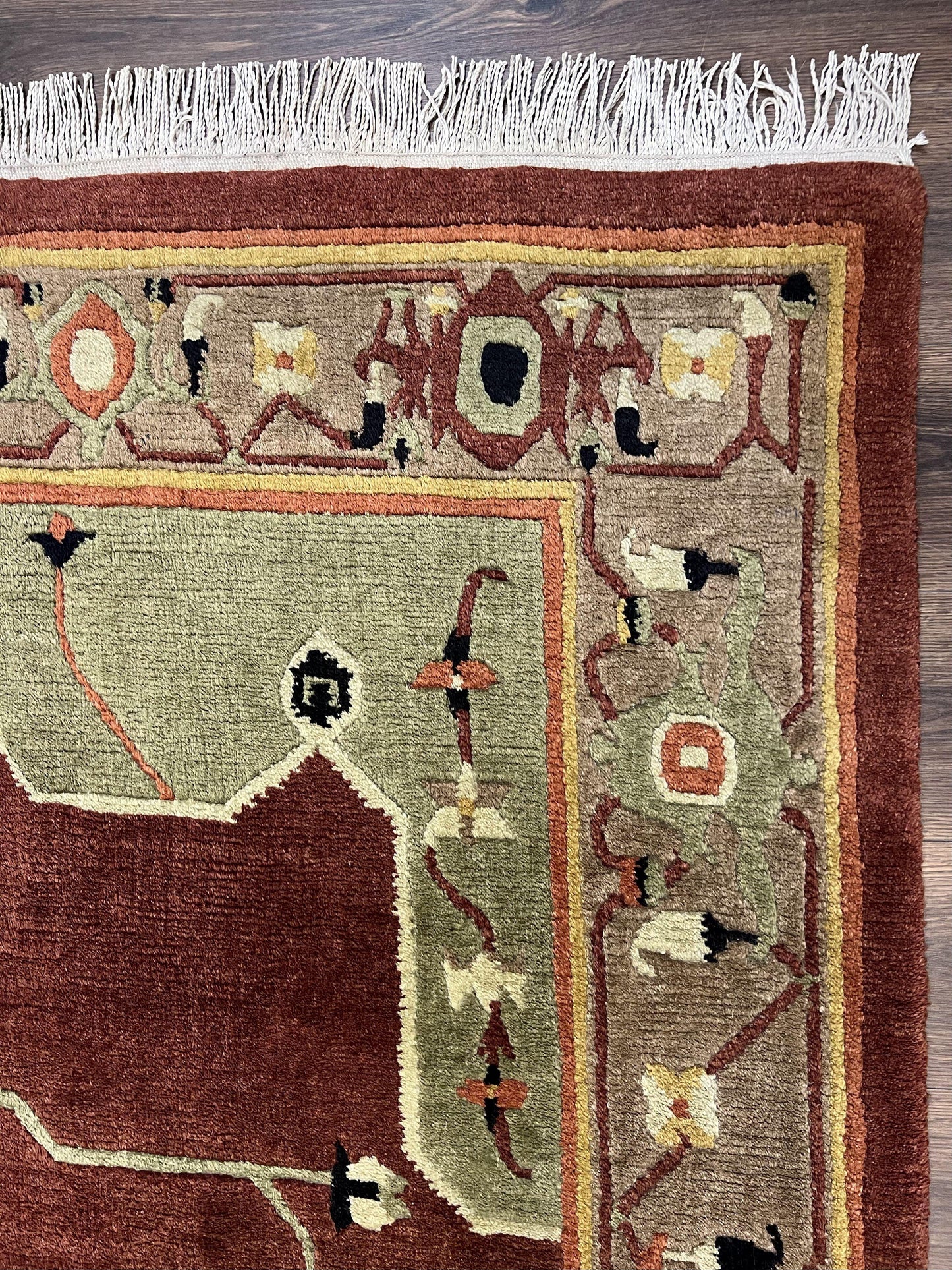 Tibetan Rug 7x10, Geometric Medallion, Red Green Taupe, Hand Knotted, Soft Wool Area Rug, Contemporary Carpet, Handmade Nepali Rug 7 x 10 ft - Nuvé
