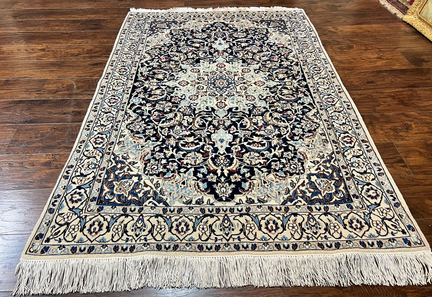 Persian Nain Rug 4x6, Floral, Hand Knotted Vintage Wool & Silk Highlights, Signature from Masterweaver, Navy Blue and Ivory - Nuvé