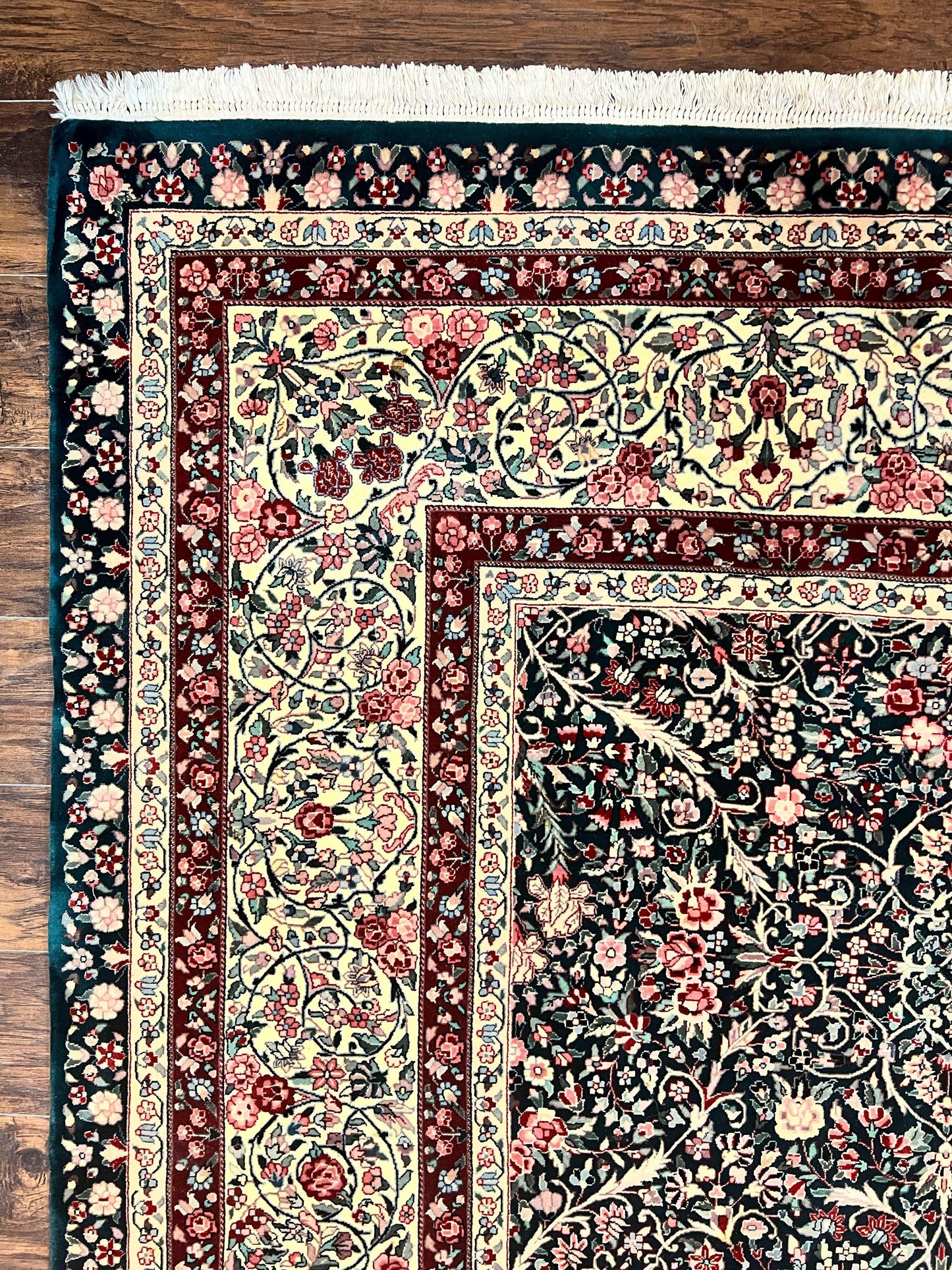 Large Sino Persian Rug 10x14, Wool Hand Knotted Vintage Carpet, Dark Green & Beige, Kirman Floral Rug, Fine Weave, Traditional, Large - Nuvé