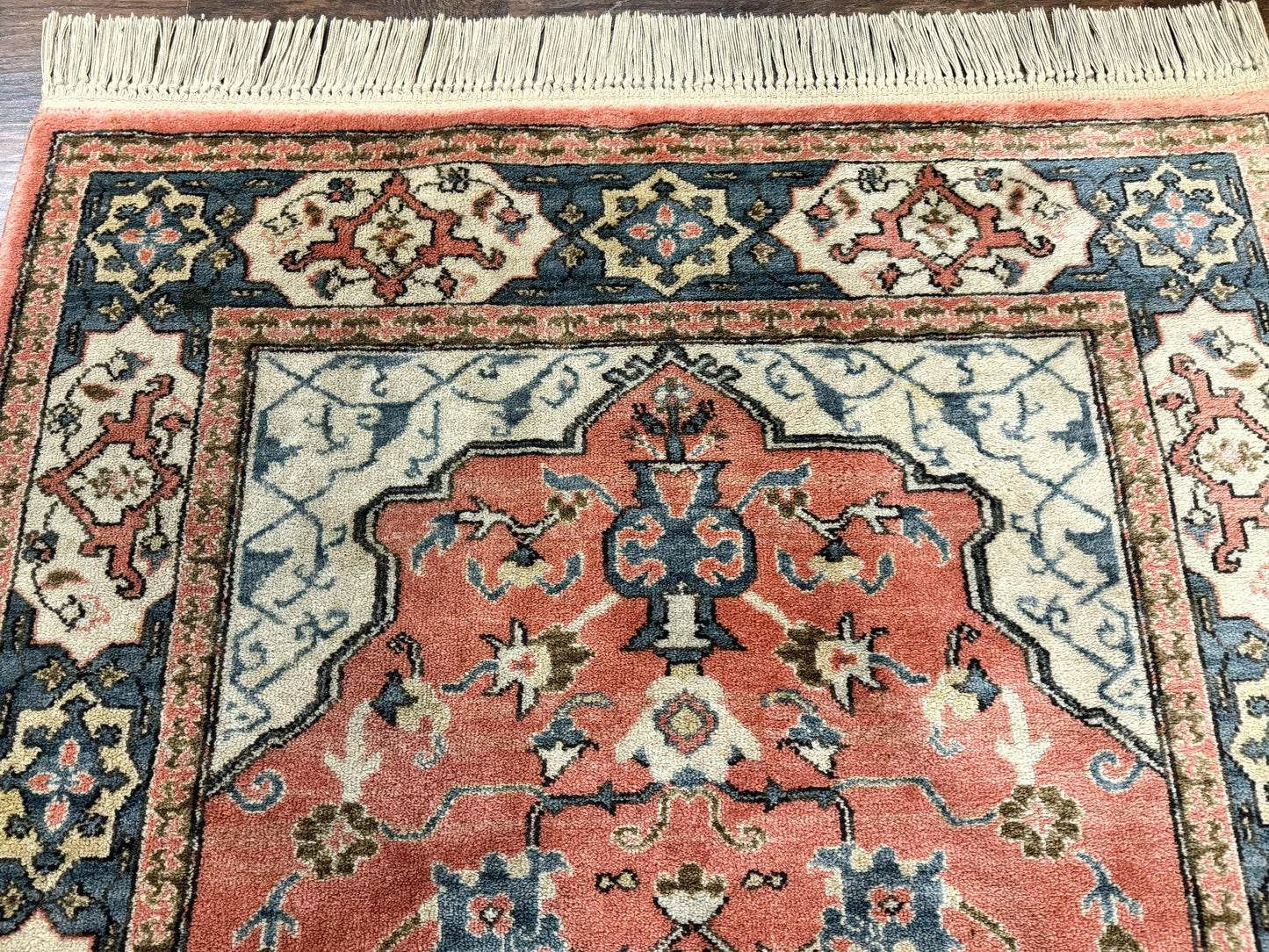 Karastan Rug 4x6 Bergama Design #737, Karastan Area Rug, Vintage Wool Karastan Carpet, Original Collection 700 Series, Salmon Red Light Blue - Nuvé