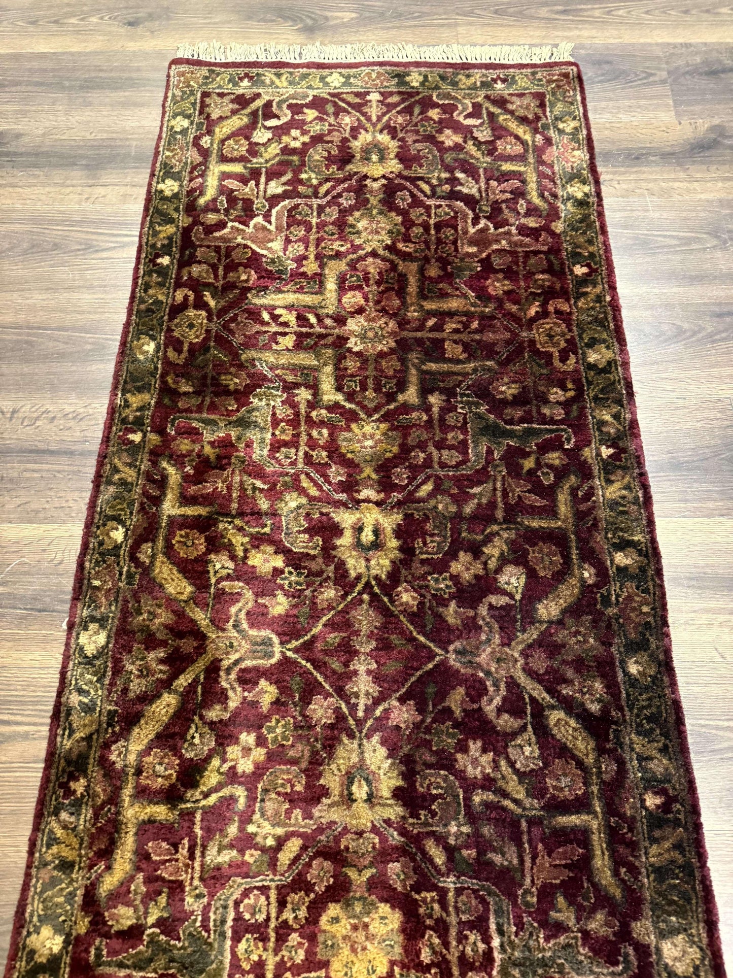 Indo Persian Runner Rug 2.7 x 13.8, Maroon, Wool, Handmade Indian Rug for Hallway - Nuvé
