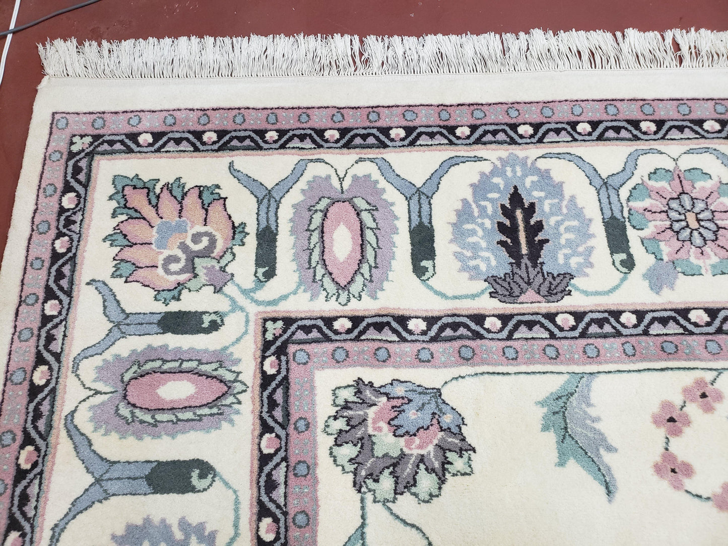 Ivory & Teal Indo Persian Area Rug 9x12, Wool Hand-Knotted Oriental Carpet, 9 x 12 Soft Traditional Living Room Rug, Dining Room Rug - Nuvé