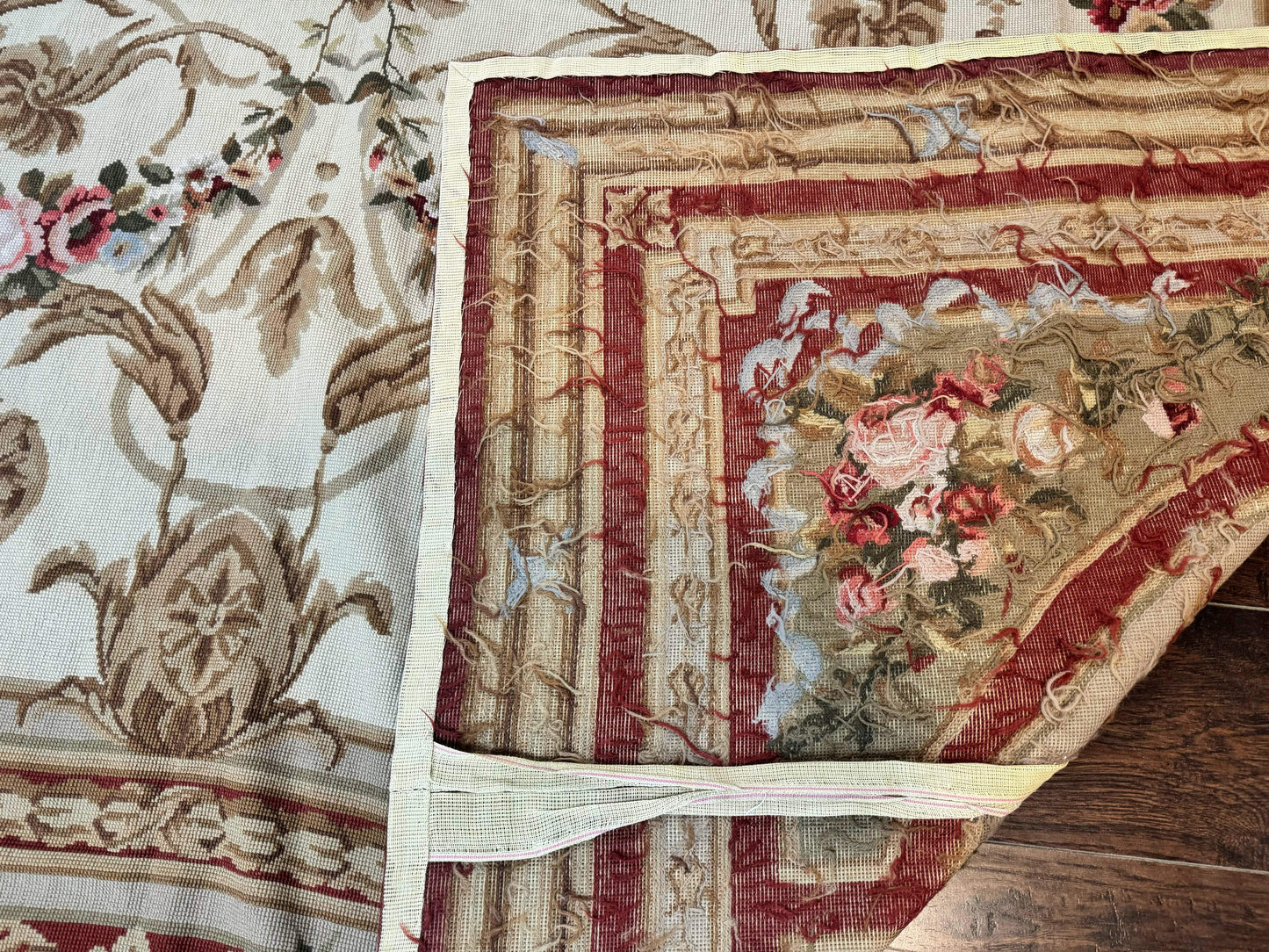 Aubusson Needlepoint Rug 9x11, Handmade Vintage Wool Flatweave Carpet, Elegant European Rug, Floral, Cream - Nuvé