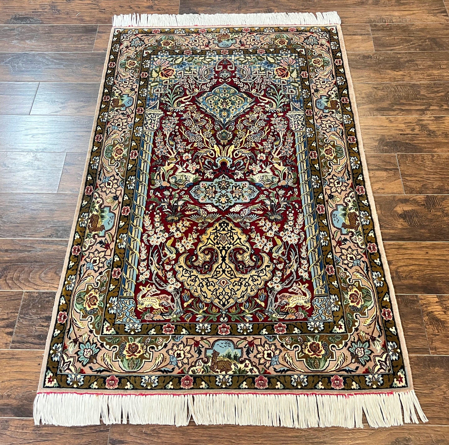 Marvelous Persian Isfahan Rug 3.7 x 5.6, Tree of Life and Animal Pictorials, Handmade Vintage Super Fine 600 KPSI, Kork Wool Silk Highlights, Rare - Nuvé
