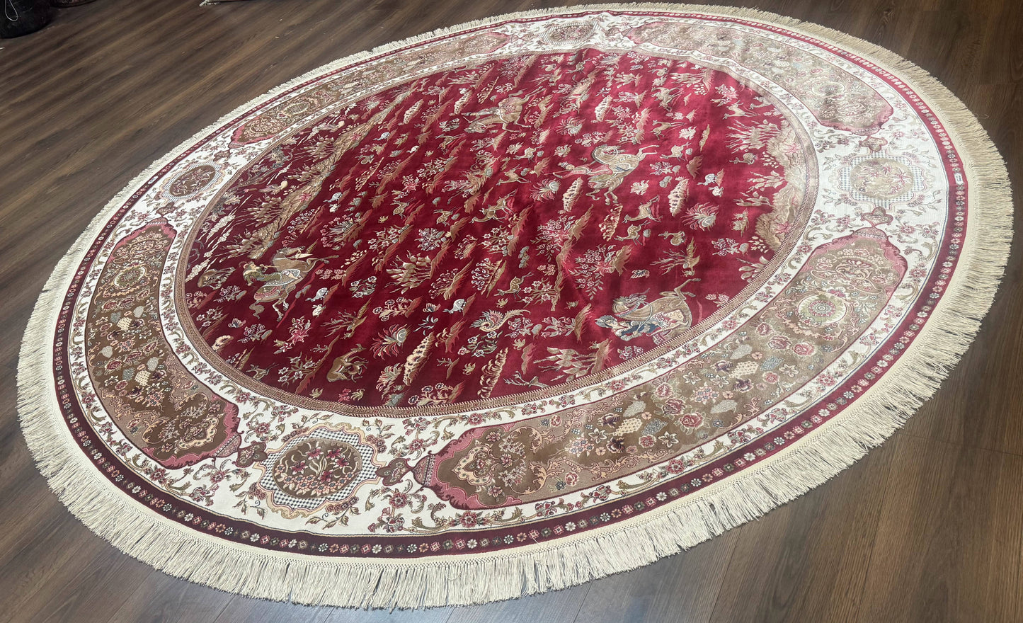 Large Round Turkish Silk Rug 8x8, Hunting Design, Dark Red & Ivory, Bamboo Silk - Nuvé