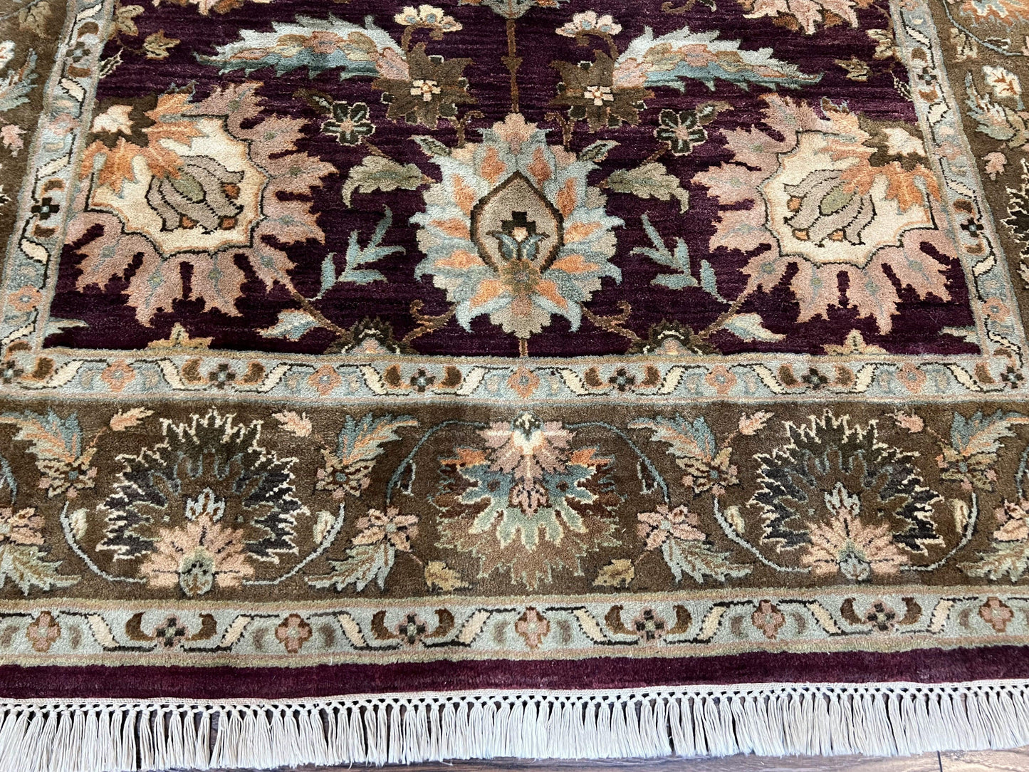 Indo Mahal Rug 6x9, Large Flowers Allover, Maroon and Green, Handmade Wool Area Rug, Vintage Rug, Indian Oriental Carpet, Hand Knotted Rug - Nuvé