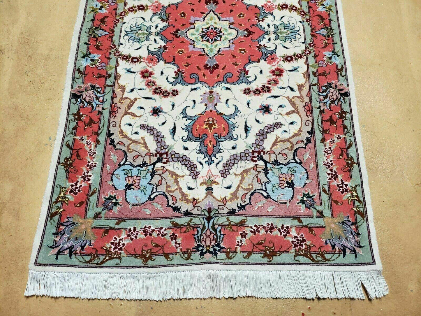 Small Vintage Persian Tabriz Wool and Silk Rug 2.5 x 4 ft, Very Finely Hand Knotted, Medallion, Ivory Salmon Light Blue, Top Quality, Pair B - Nuvé