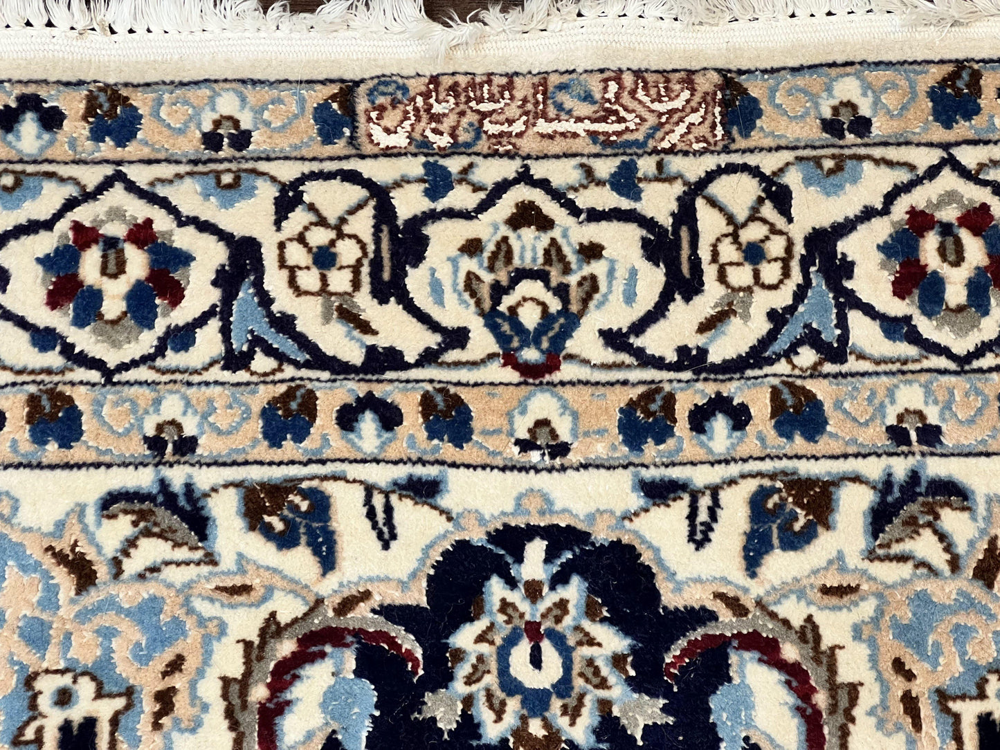 Persian Nain Rug 4x6, Floral, Hand Knotted Vintage Wool & Silk Highlights, Signature from Masterweaver, Navy Blue and Ivory - Nuvé