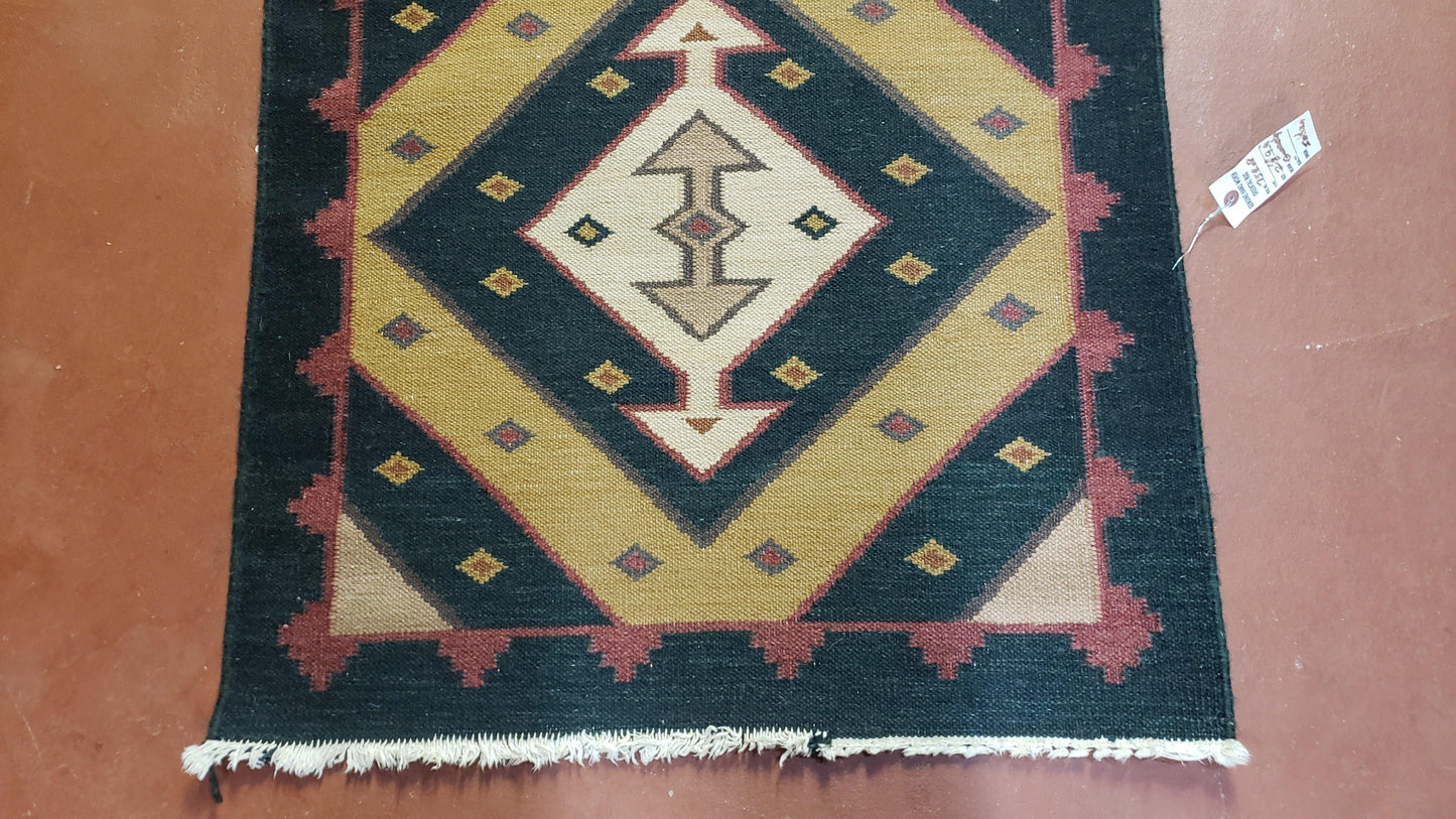 Vintage Indian Kilim Runner Rug, Geometric Flatweave Hand-Knotted Wool Kitchen Hallway Runner, Black Gold & Beige, 2' 8" x 9' 9" - Nuvé