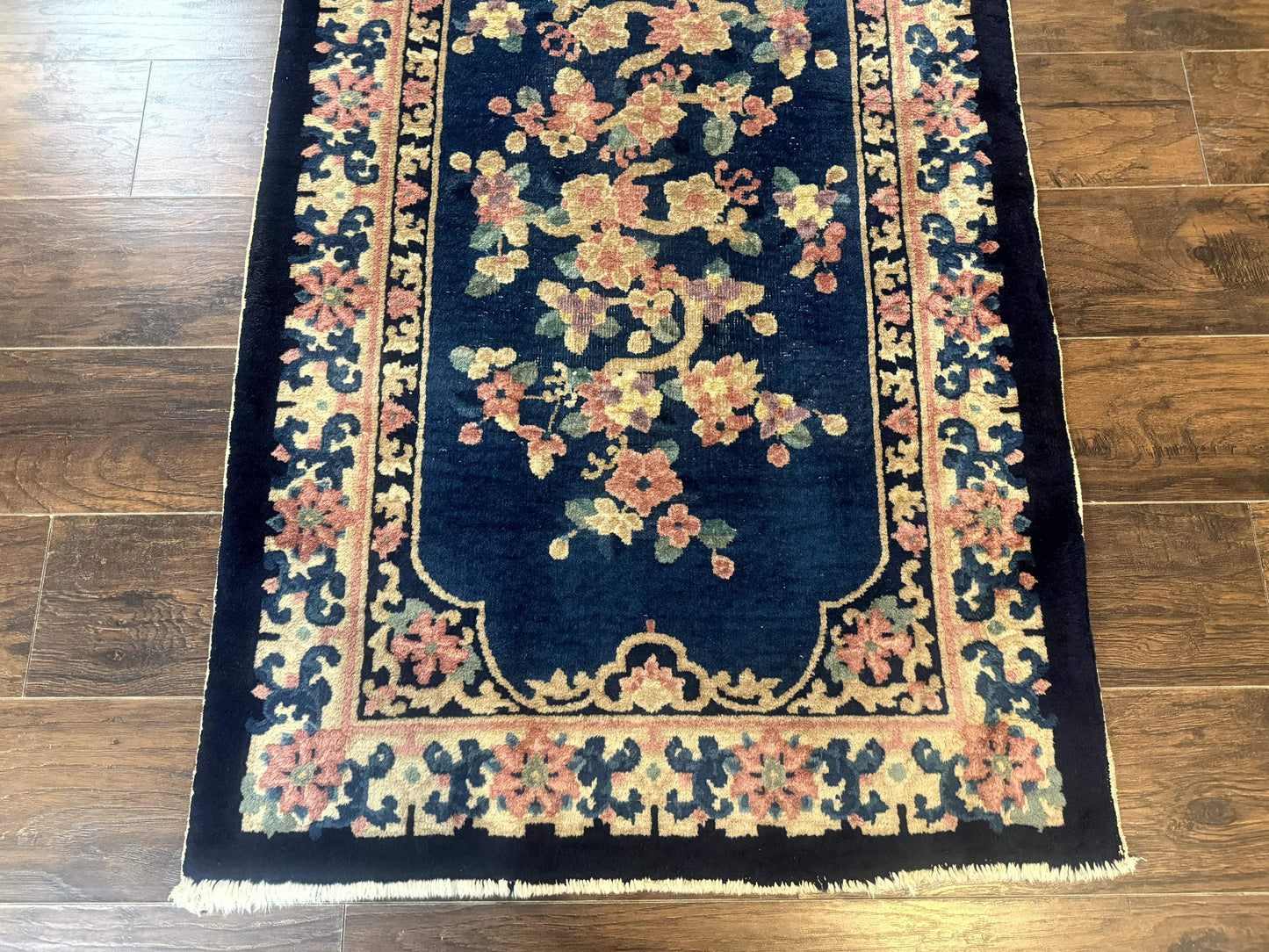 Blue and Beige Chinese Wool Rug 3x6, Chinese Fete Rug, Peking Rug, Antique Chinese Carpet - Nuvé