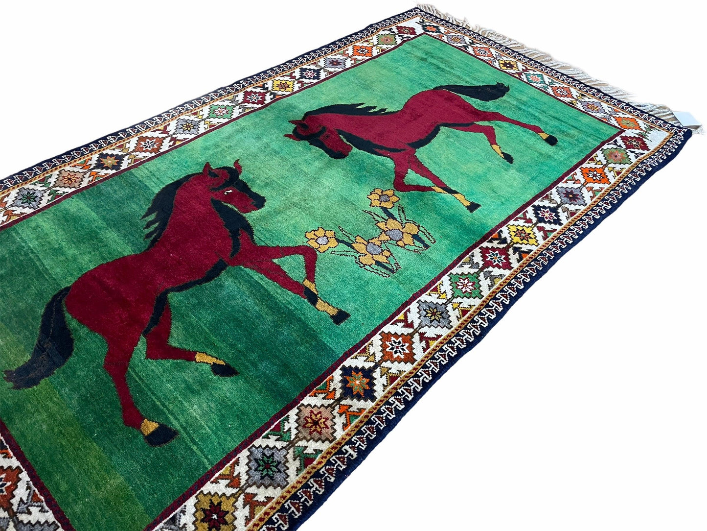 4 X 7 Handmade Rug Zagros Quality Wool Pictorial Horses Green Butterfly Colorful - Nuvé
