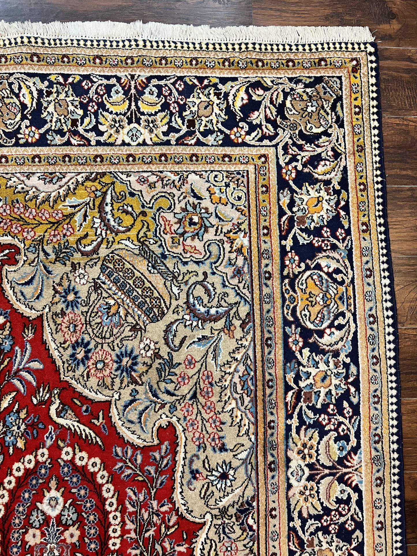 Wonderful Persian Qum Rug 10x14, Wool w/ Silk Highlights, Hand Knotted Semi Antique Vintage Carpet, Red, Floral, Fine Weave, Birds Deer Pictorials - Nuvé