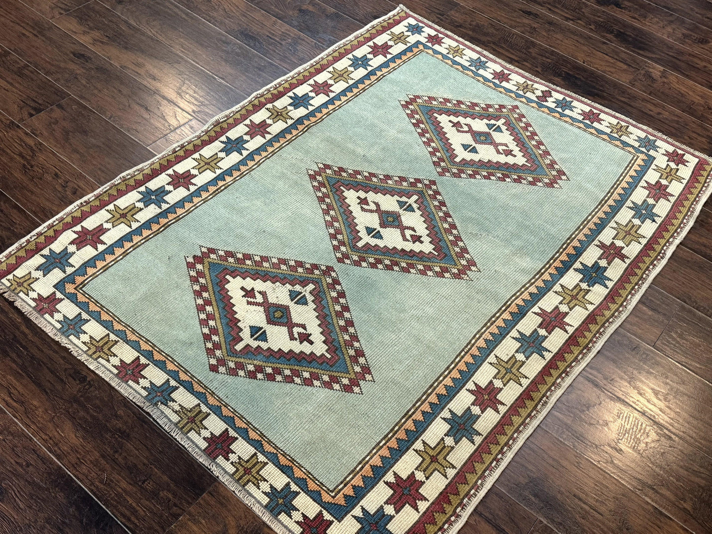 Turkish Kazak Rug 4x6, Geometric Medallion, Caucasian Design Rug, Semi Antique Vintage, Mint Green Maroon Ivory - Nuvé