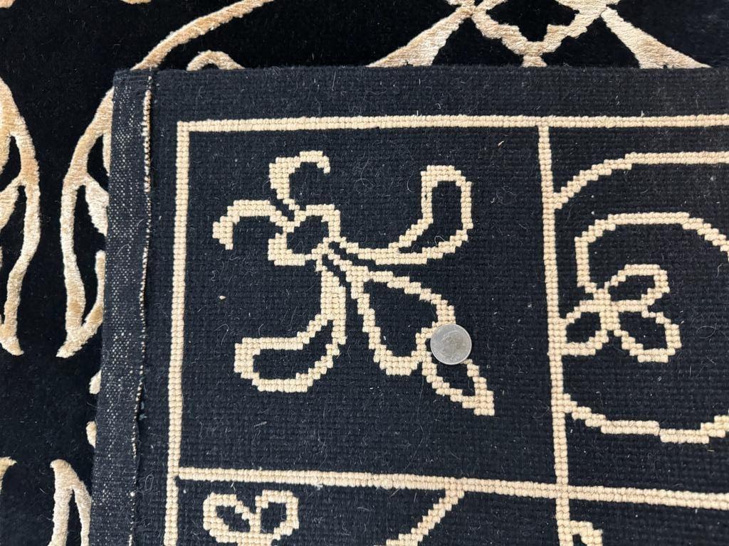 Tibetan Rug 8x10, Wool and Silk, Raised Pattern, Black and Gold, Floral - Nuvé