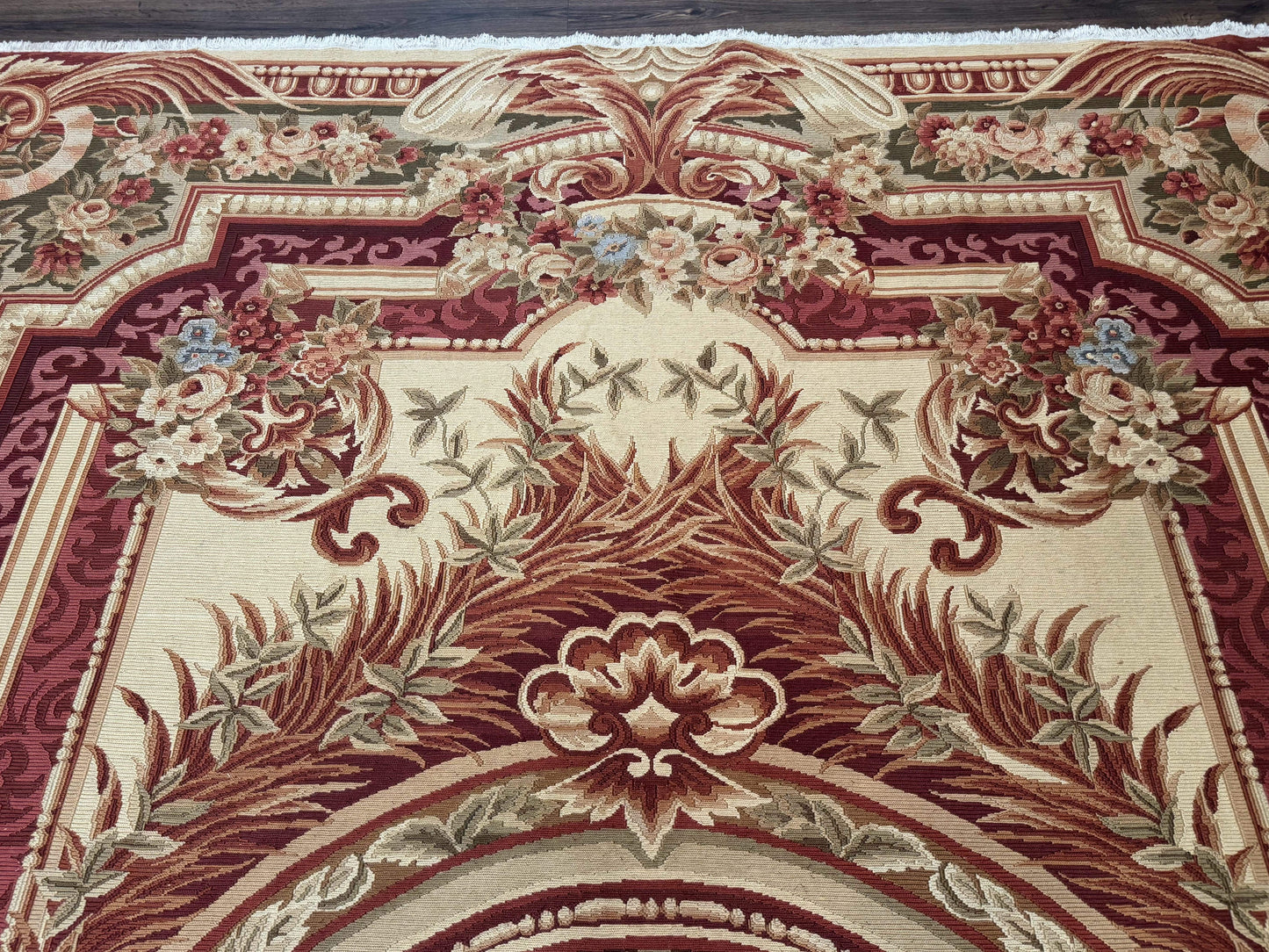Large Aubusson Rug 10x13, Thick Flatweave Carpet, Elegant European Design, Cream and Raspberry - Nuvé