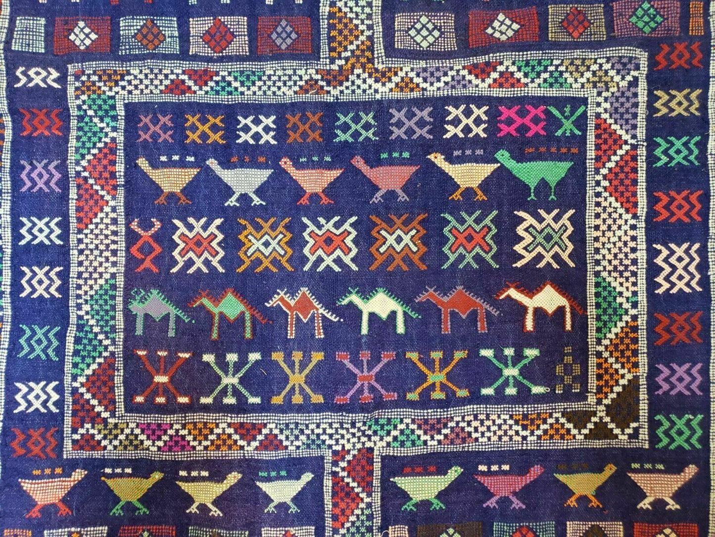 3' X 7' Vintage Handmade Indian Wool Kilim Flat weave Rug Camel Birds Blue Geometric Short Runner - Nuvé