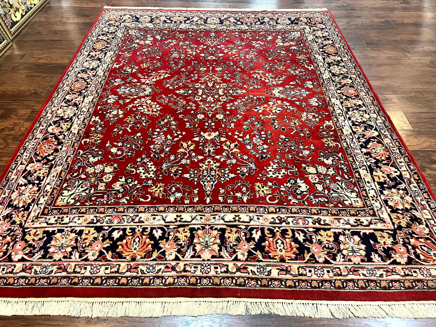 Indo Persian Sarouk Rug 8x10, Red, Floral Allover, Handmade Vintage Wool Carpet, Traditional Rug - Nuvé