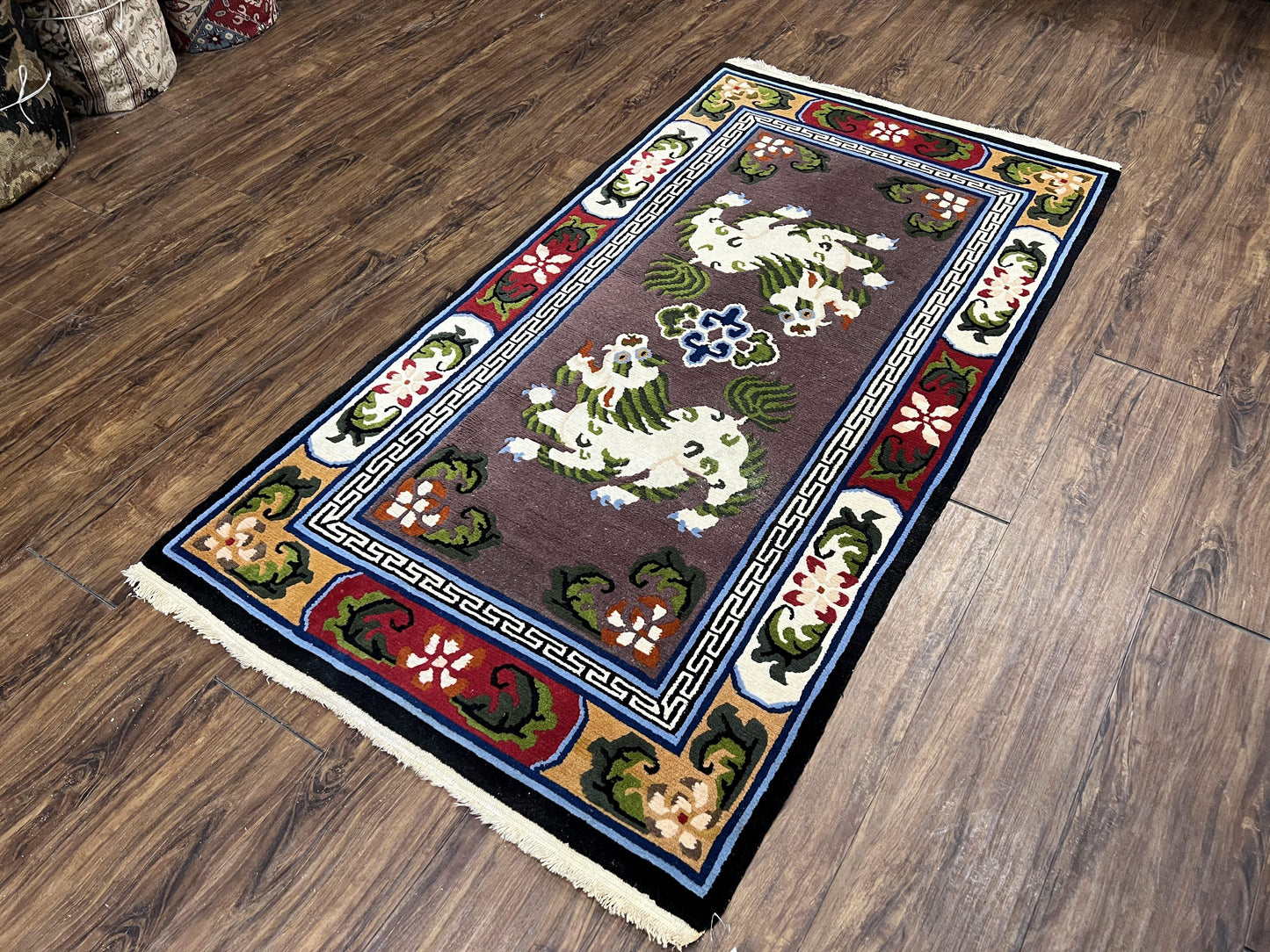 Chinese Art Deco Rug 3 x 5.5 with Animal Pictorials, Vintage Chinese Peking Wool Area Rug, Dark Puce Maroon Ivory, Hand Knotted Soft Carpet - Nuvé