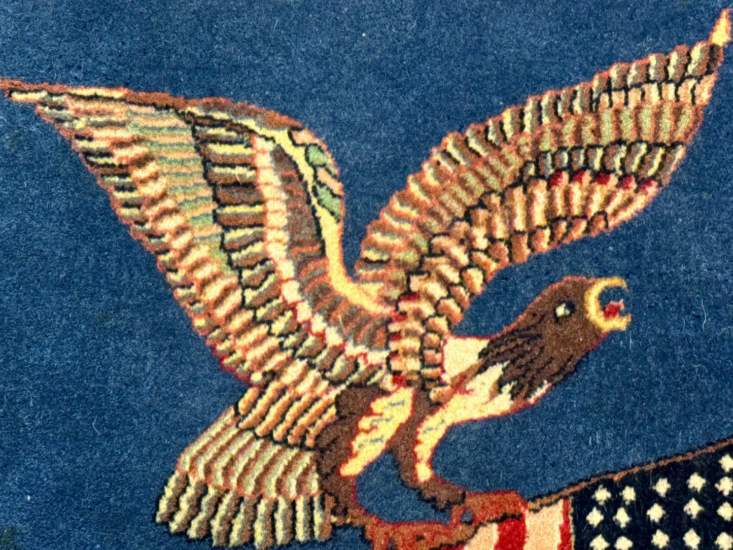 Pictorial Rug of American Flag with Bald Eagle, Small Indo Persian Pictorial Rug, Blue, Handmade, Very Fine 330 KPSI - Nuvé